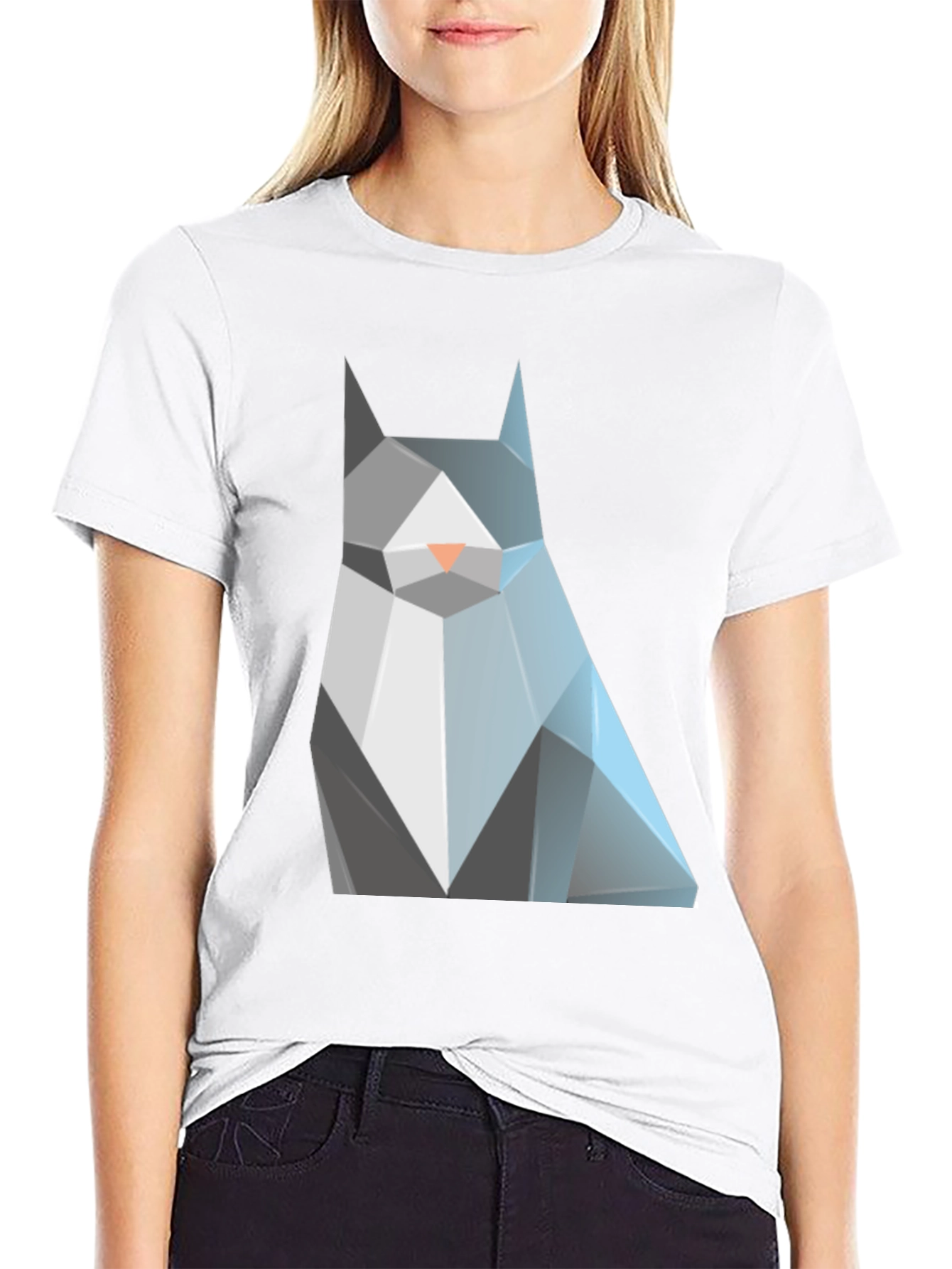 Geometric Cat Graphic Tee - Modern Mens Black T-Shirt