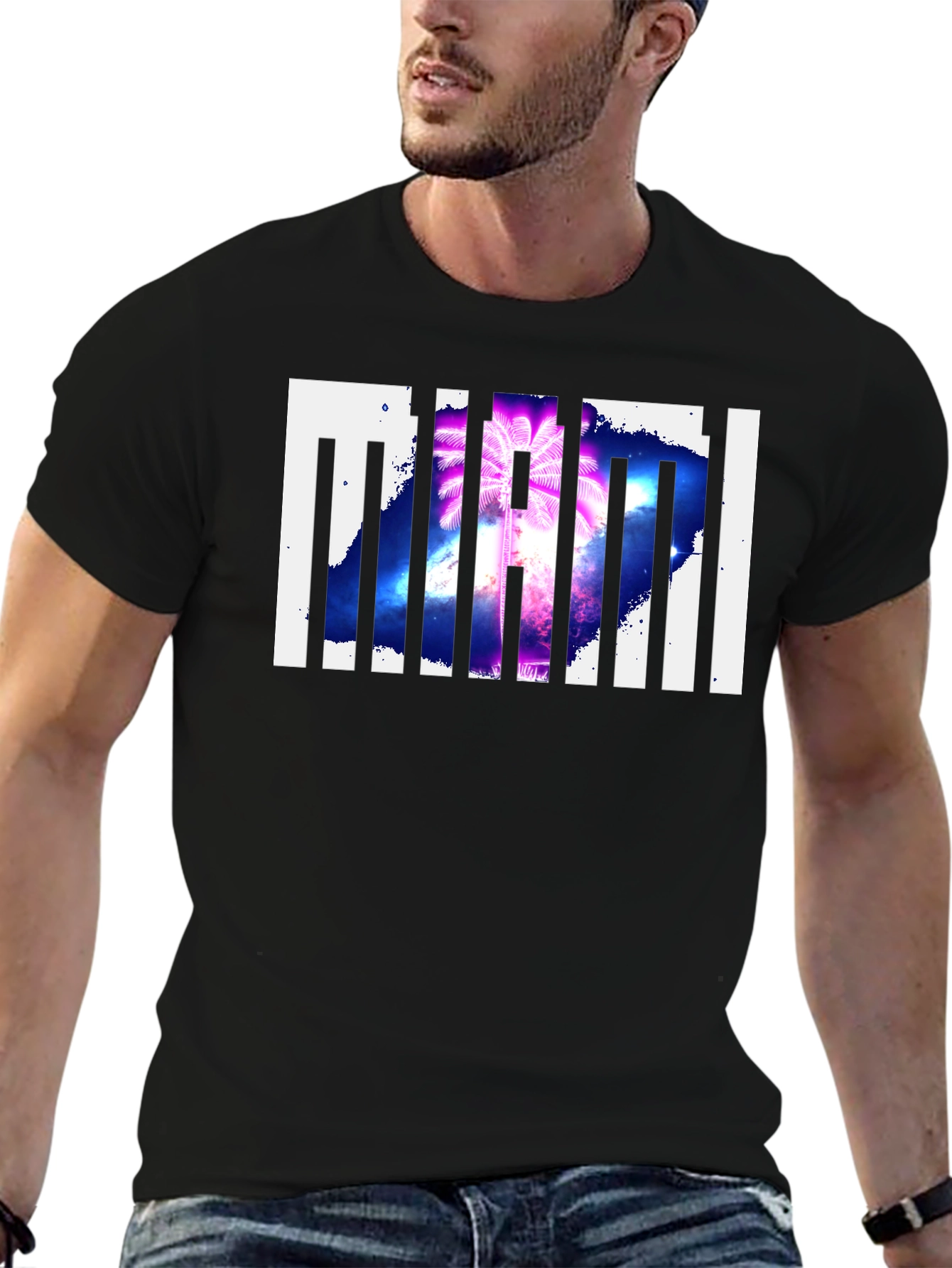 Miami Palm Tree Graphic Print Black T-Shirt