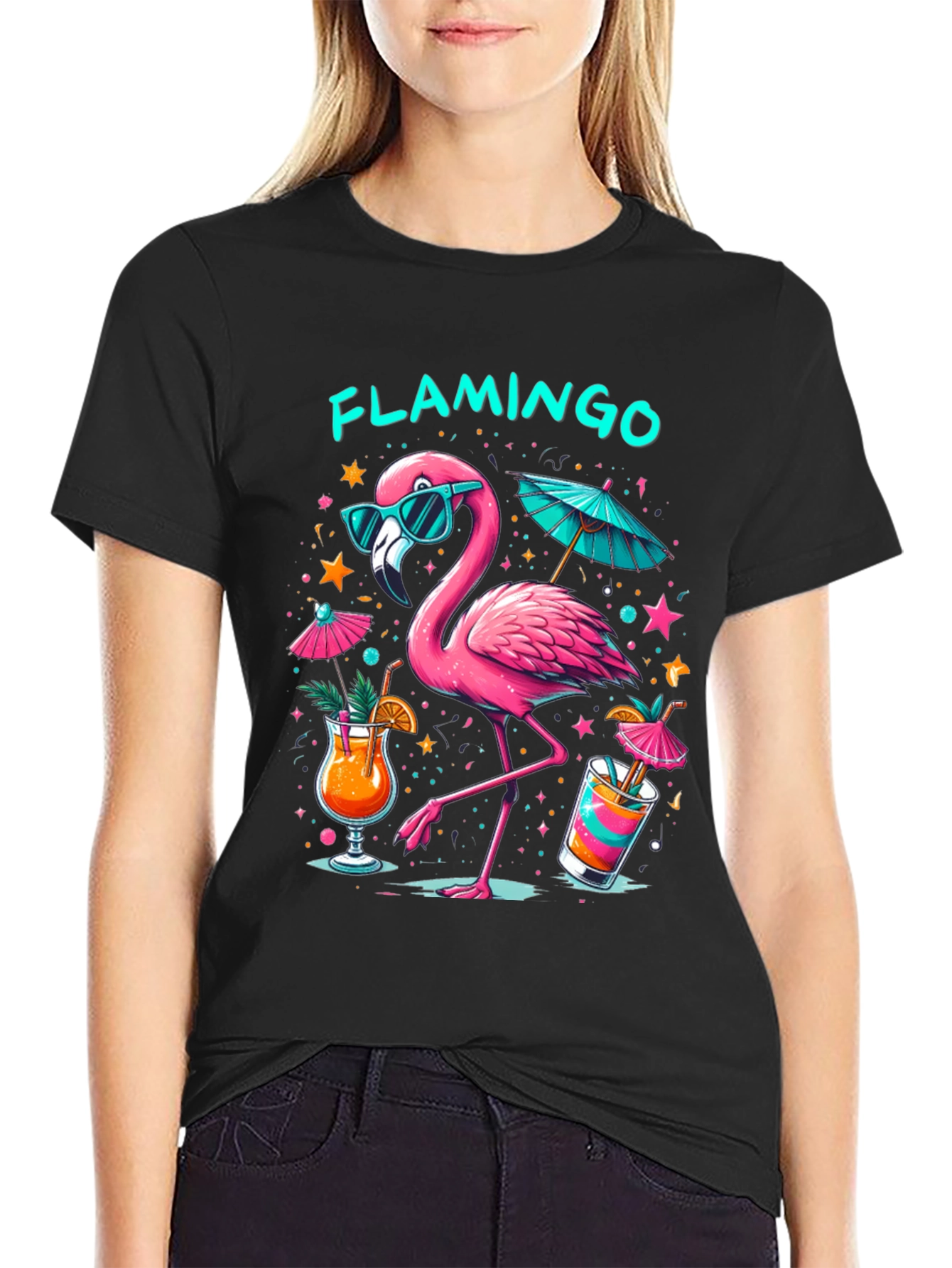 Tropical Flamingo Black T-Shirt