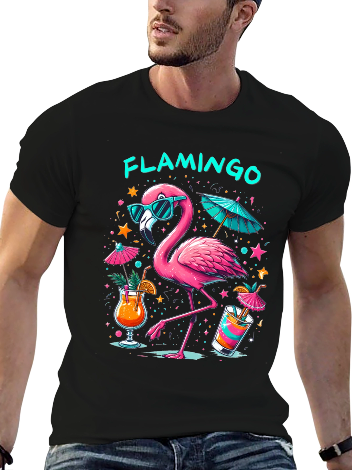 Tropical Flamingo Black T-Shirt