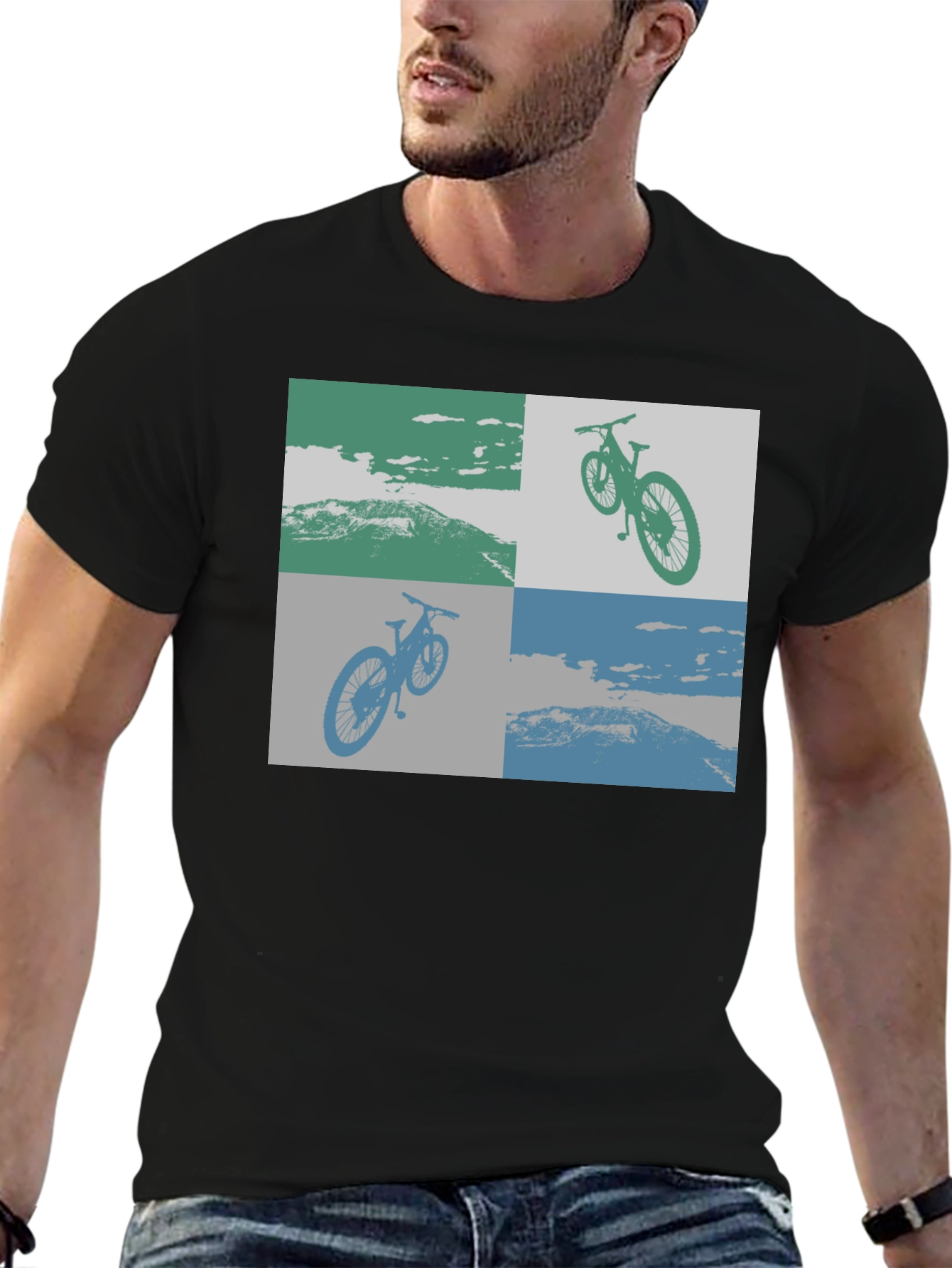 Geometric Bike Scene Graphic Tee - Black