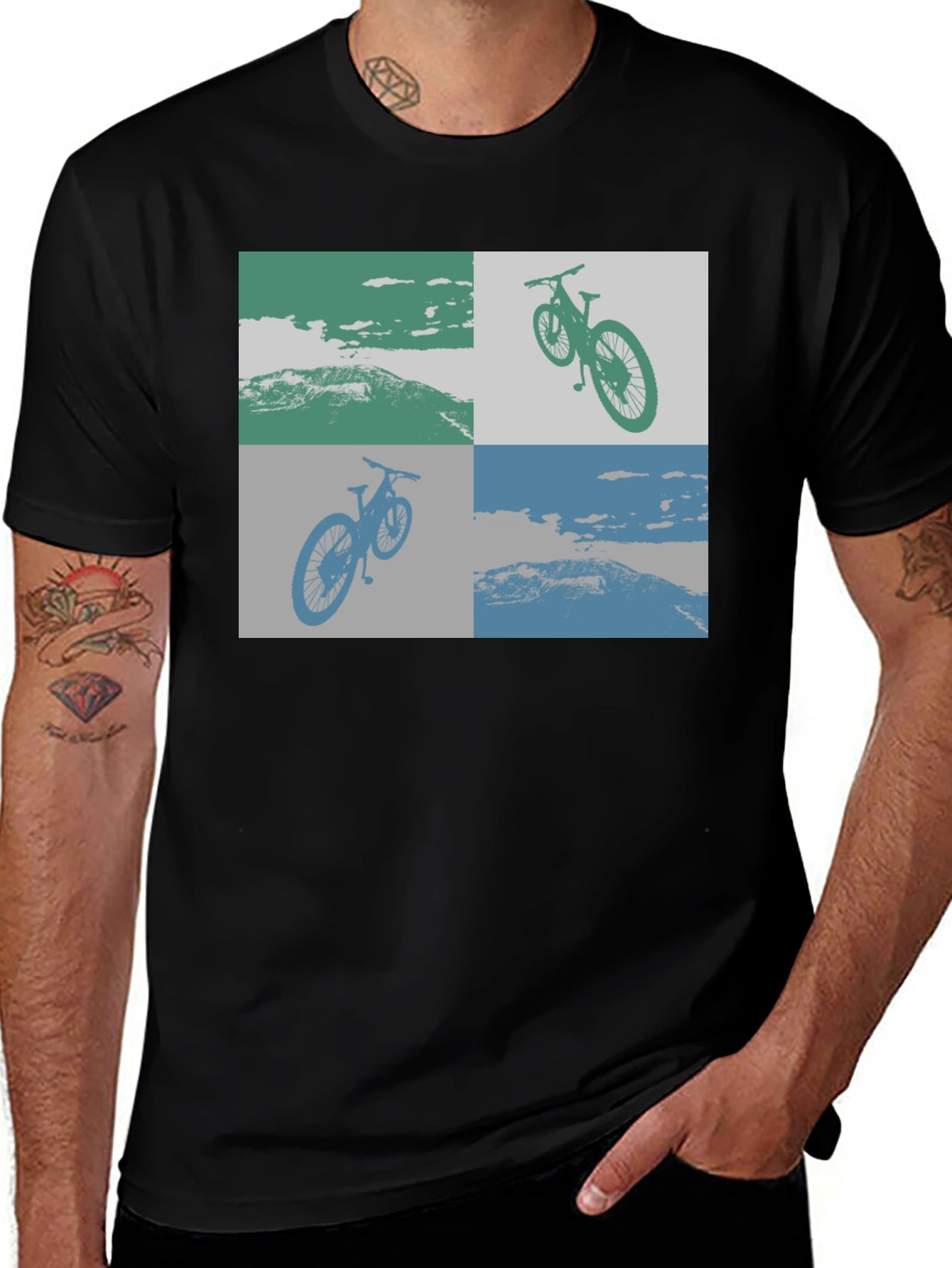 Geometric Bike Scene Graphic Tee - Black