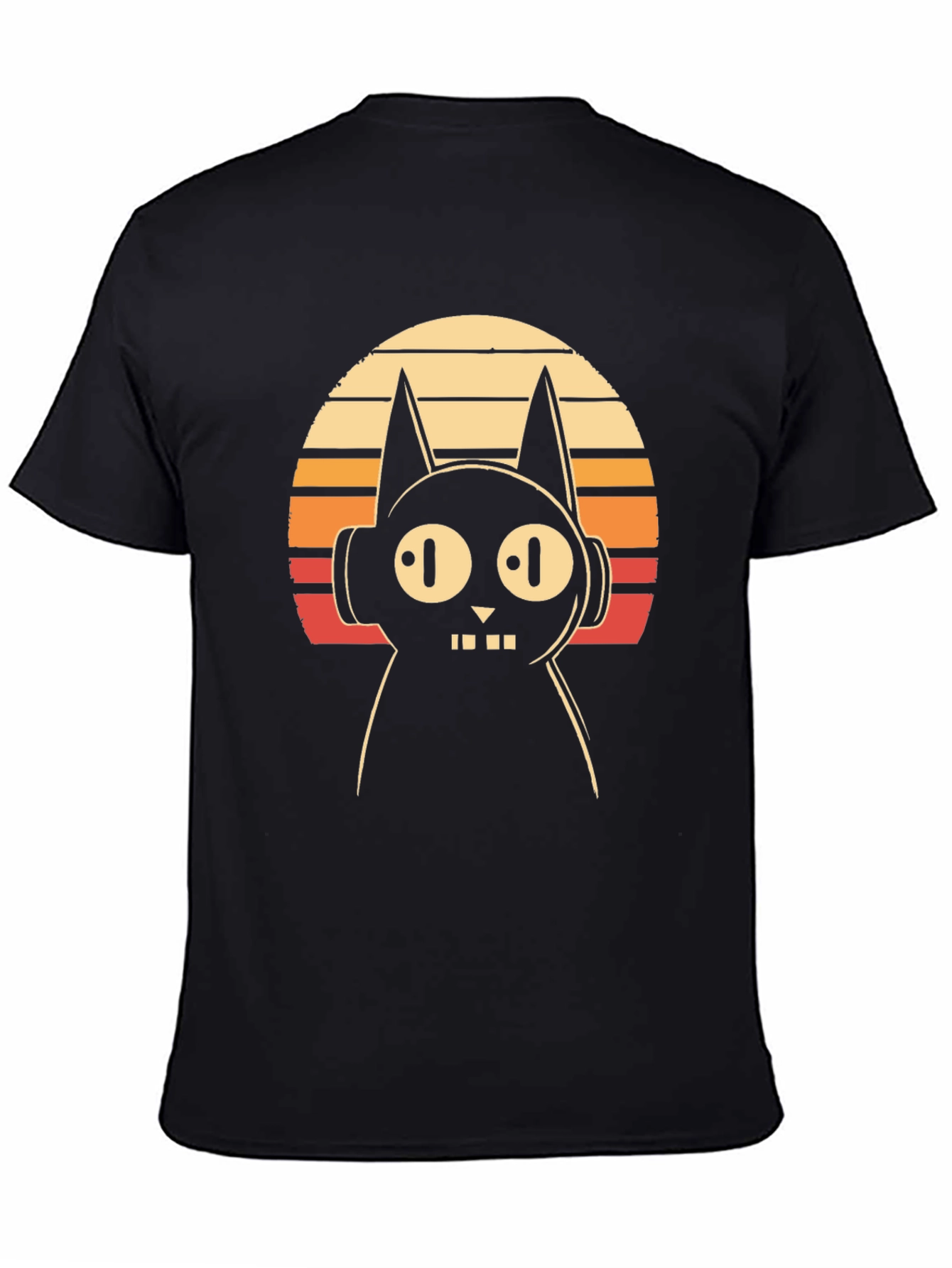 Retro Cat DJ Graphic Tee - Black Cotton T-Shirt