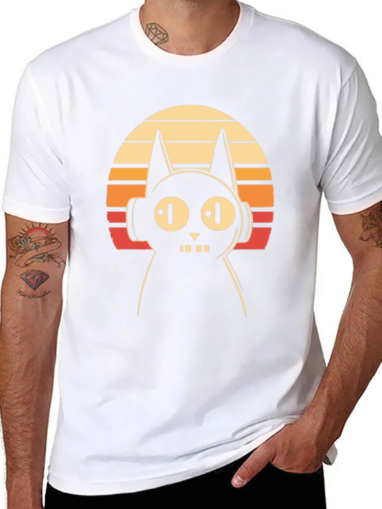 Retro Cat DJ Graphic Tee - Black Cotton T-Shirt