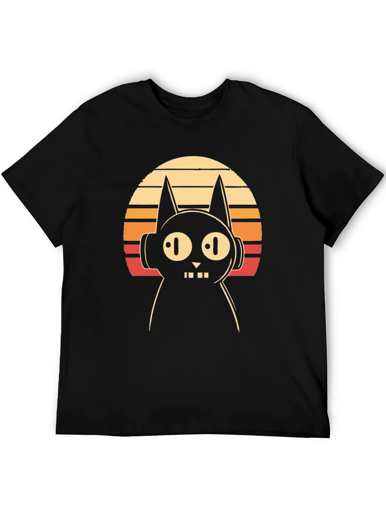 Retro Cat DJ Graphic Tee - Black Cotton T-Shirt