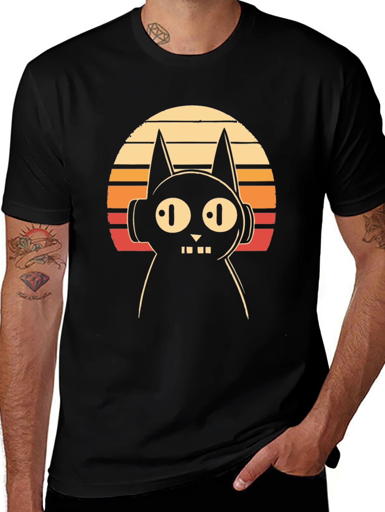 Retro Cat DJ Graphic Tee - Black Cotton T-Shirt