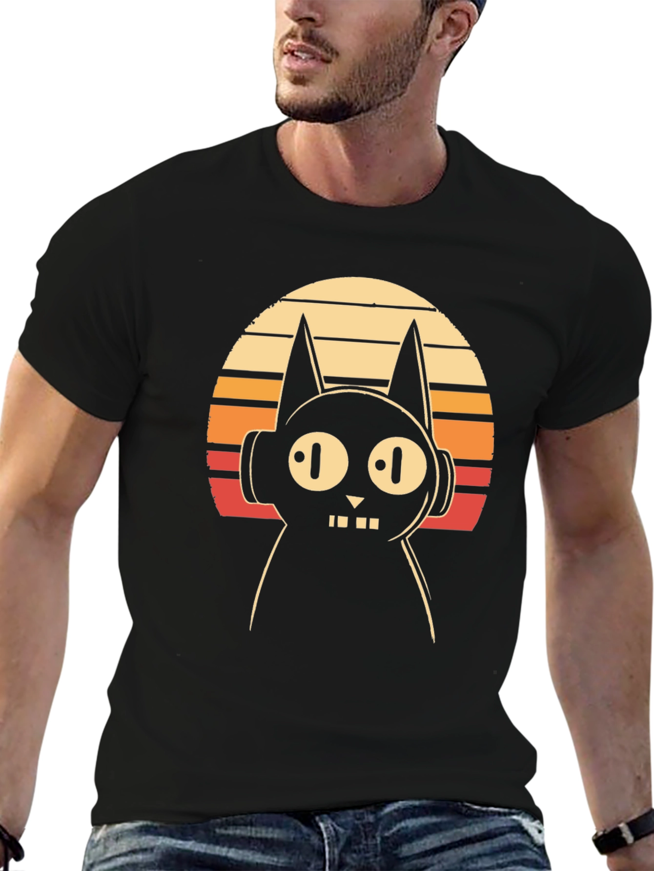 Retro Cat DJ Graphic Tee - Black Cotton T-Shirt