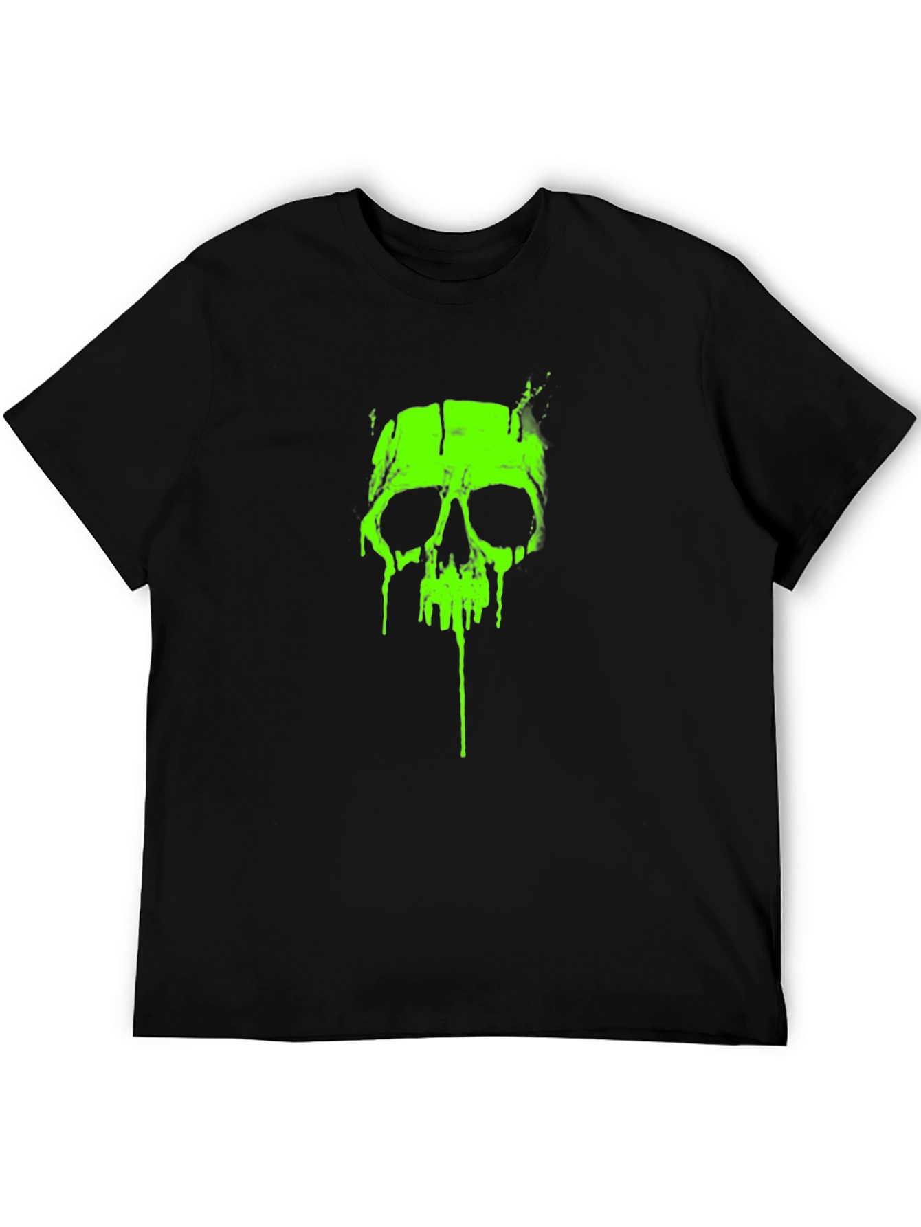 Acid Green Skull Graphic Tee - Black Cotton T-Shirt