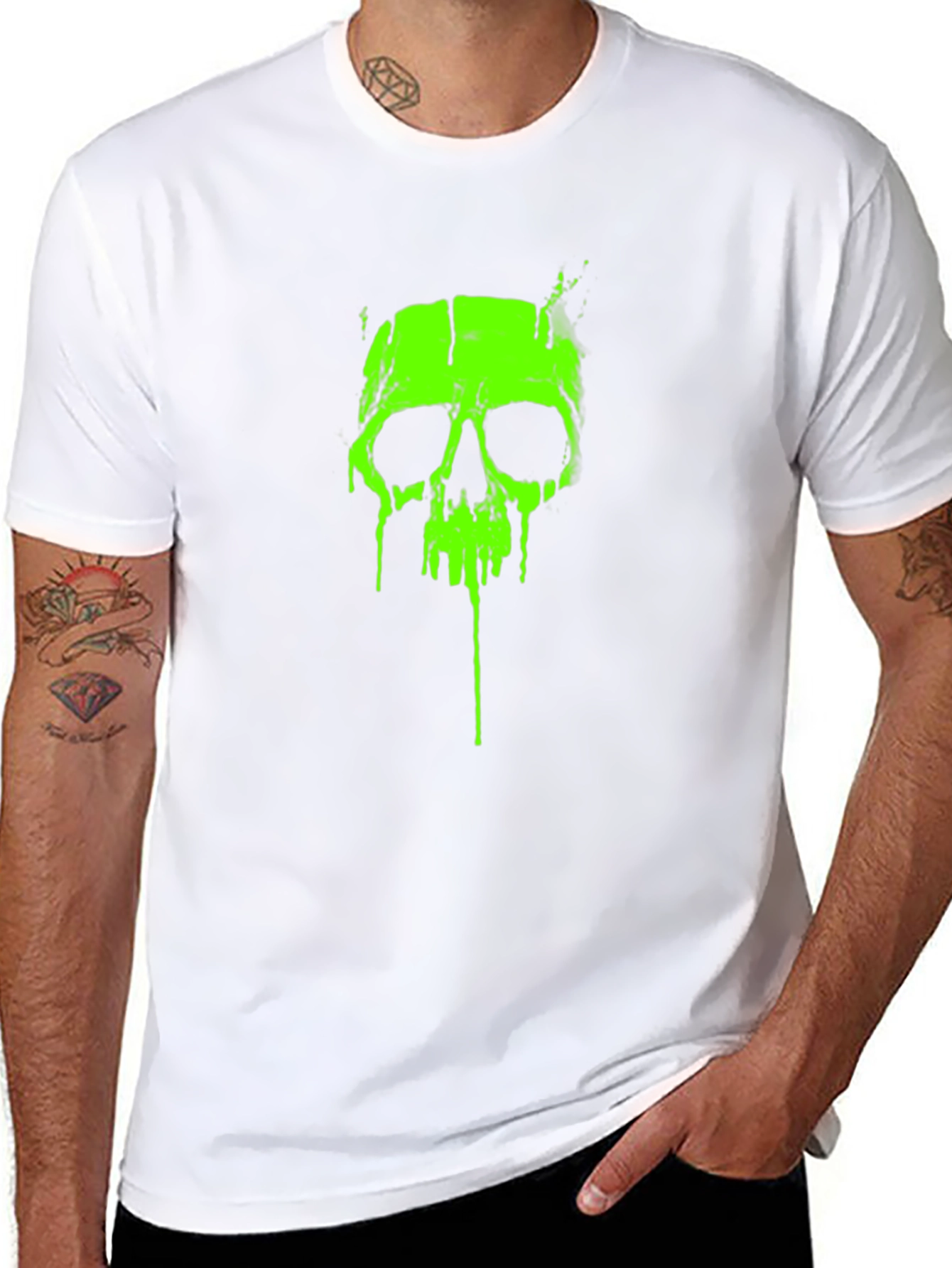 Acid Green Skull Graphic Tee - Black Cotton T-Shirt