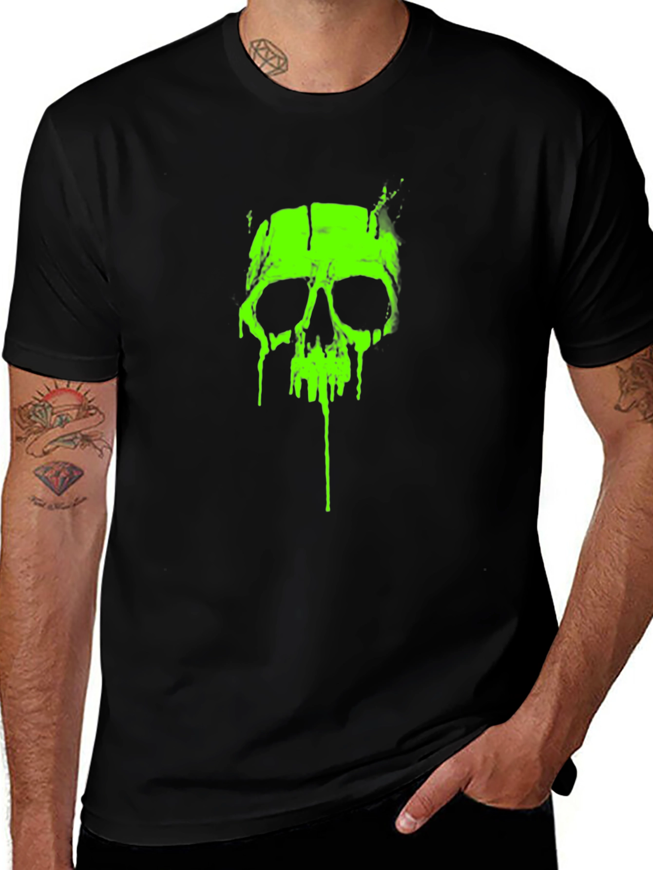 Acid Green Skull Graphic Tee - Black Cotton T-Shirt