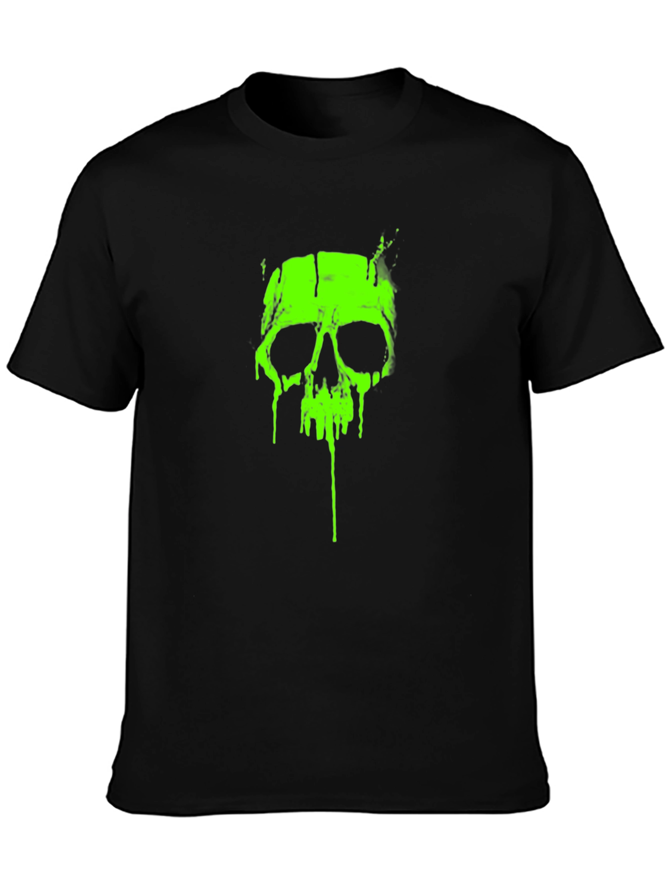 Acid Green Skull Graphic Tee - Black Cotton T-Shirt