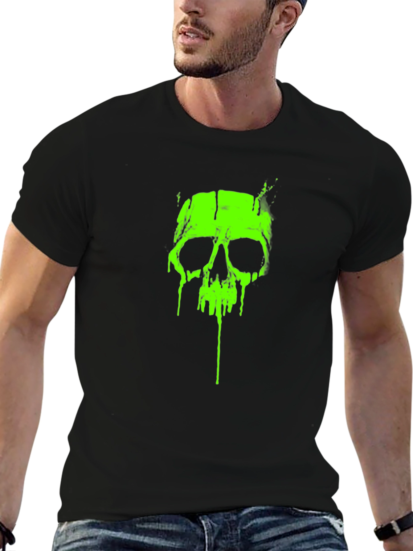 Acid Green Skull Graphic Tee - Black Cotton T-Shirt