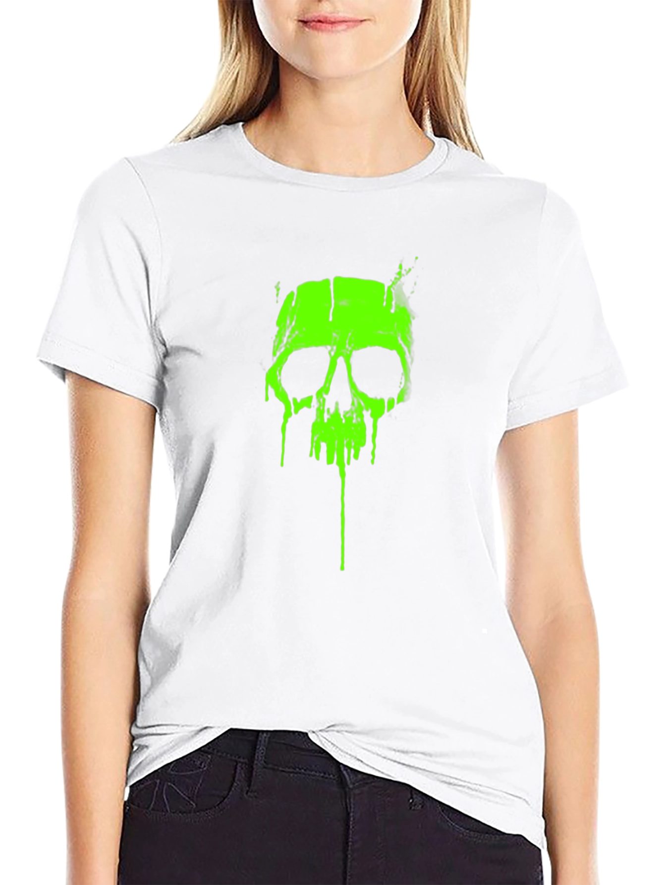 Acid Green Skull Graphic Tee - Black Cotton T-Shirt