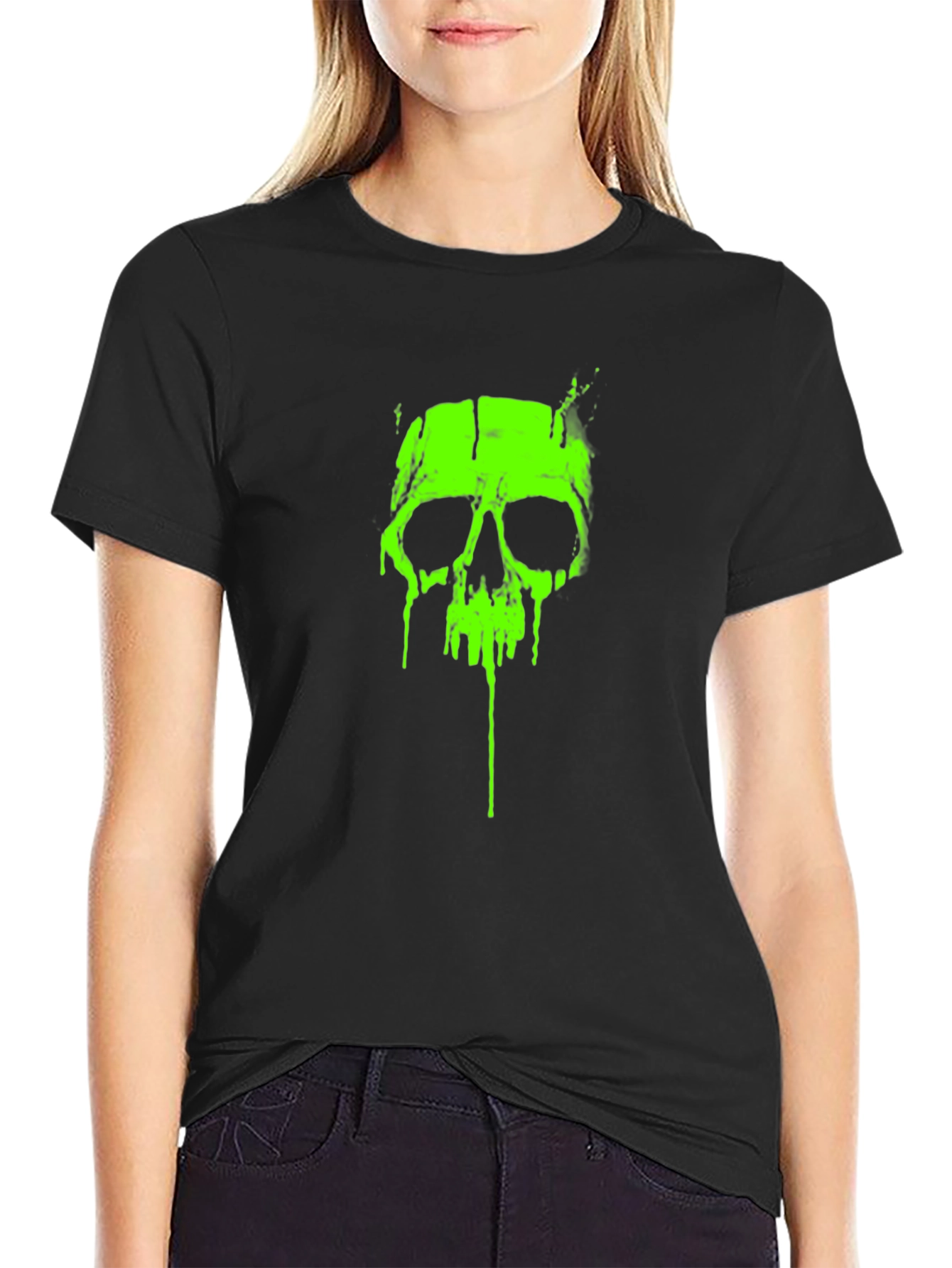 Acid Green Skull Graphic Tee - Black Cotton T-Shirt