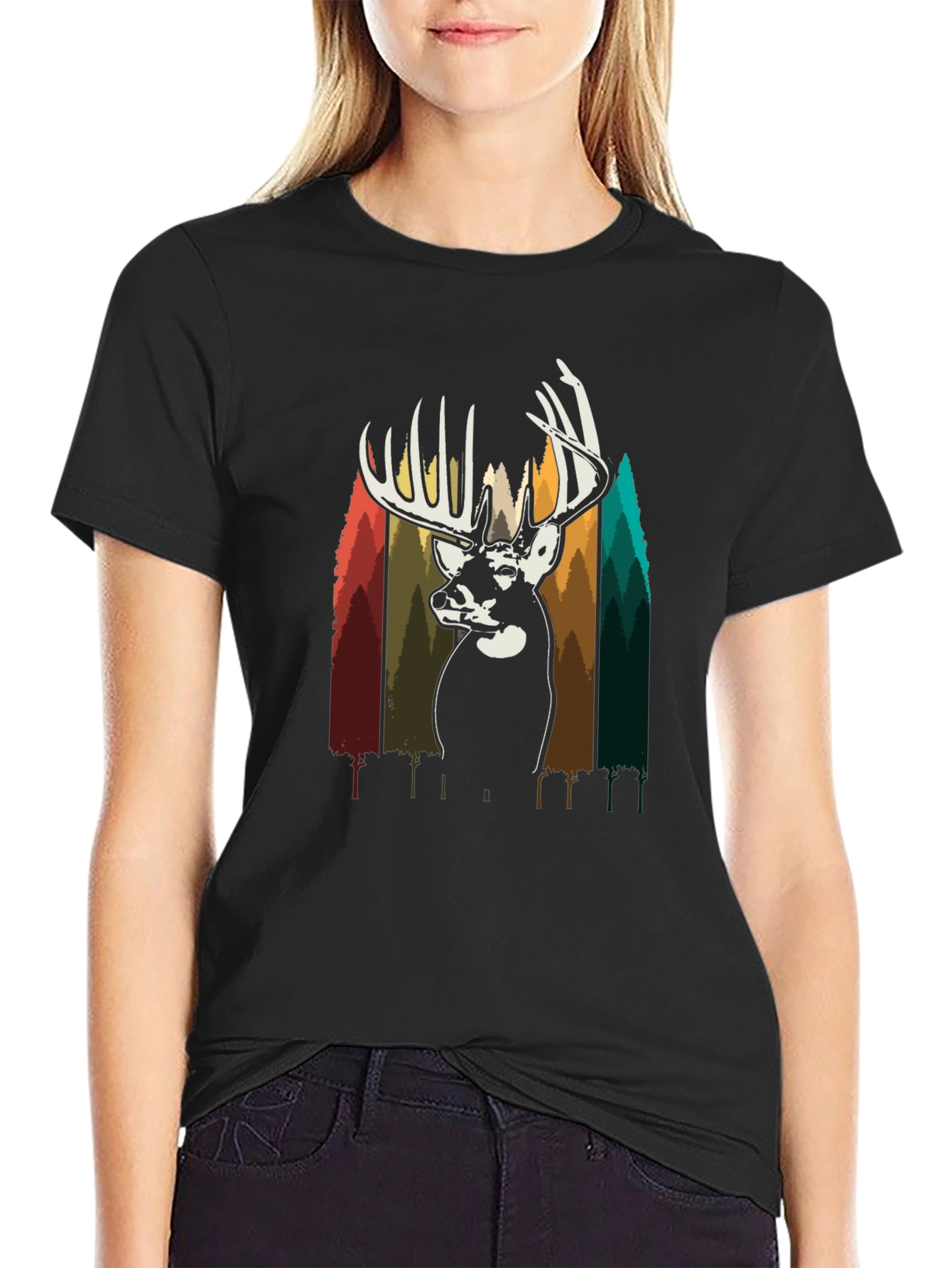Deer Silhouette Graphic Tee - Black Cotton Blend