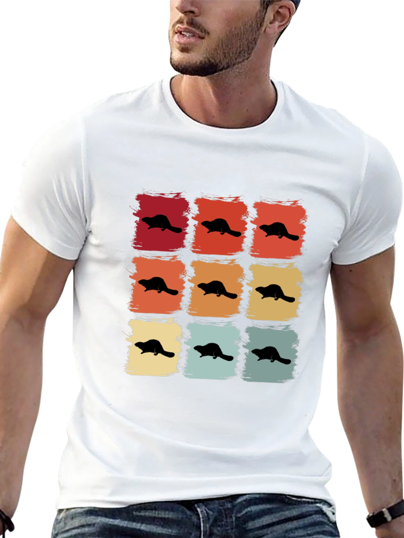 Retro Beaver Pattern T-Shirt