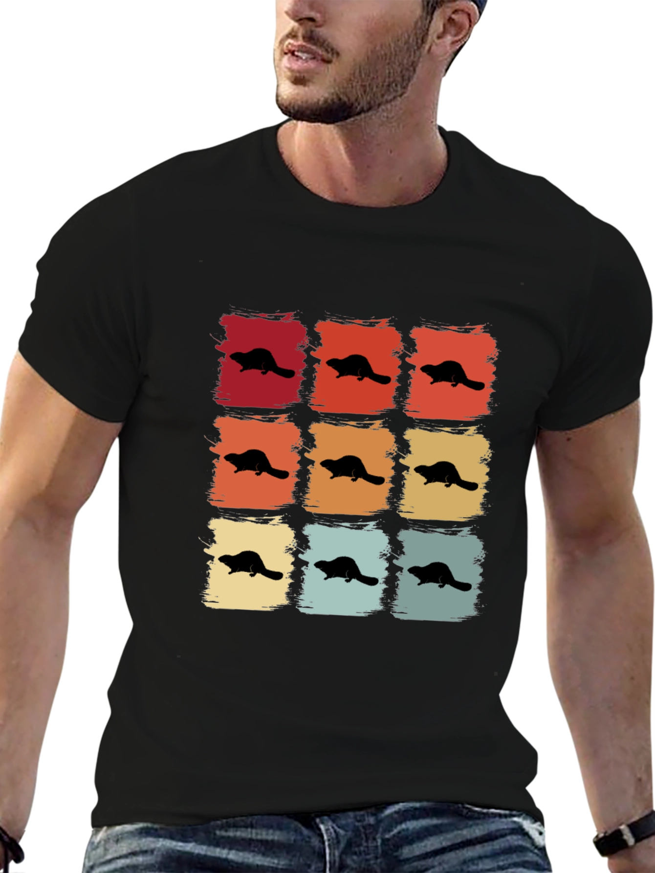 Retro Beaver Pattern T-Shirt