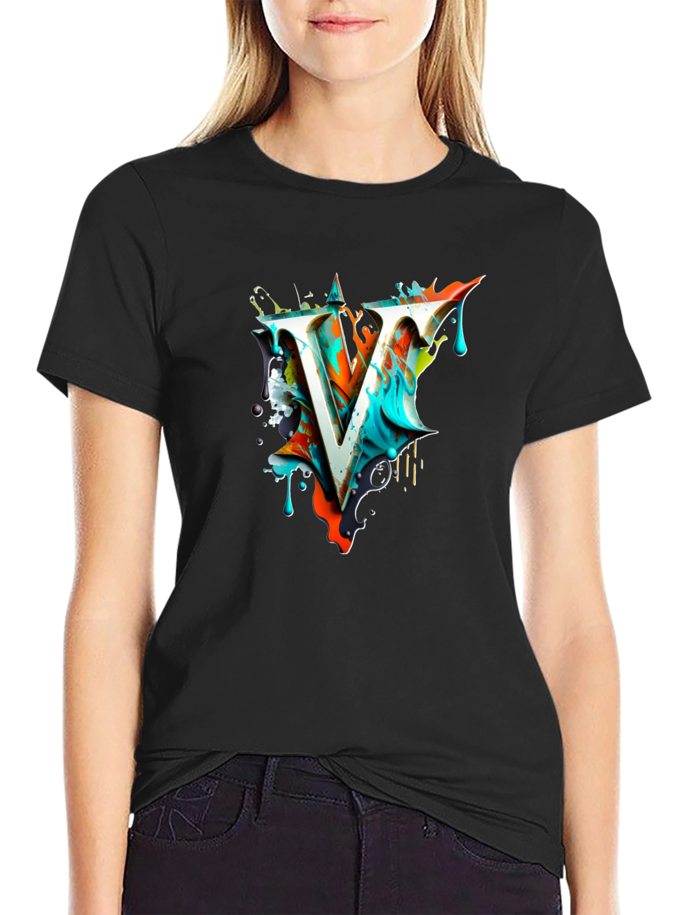 Abstract V Letter Black T-Shirt