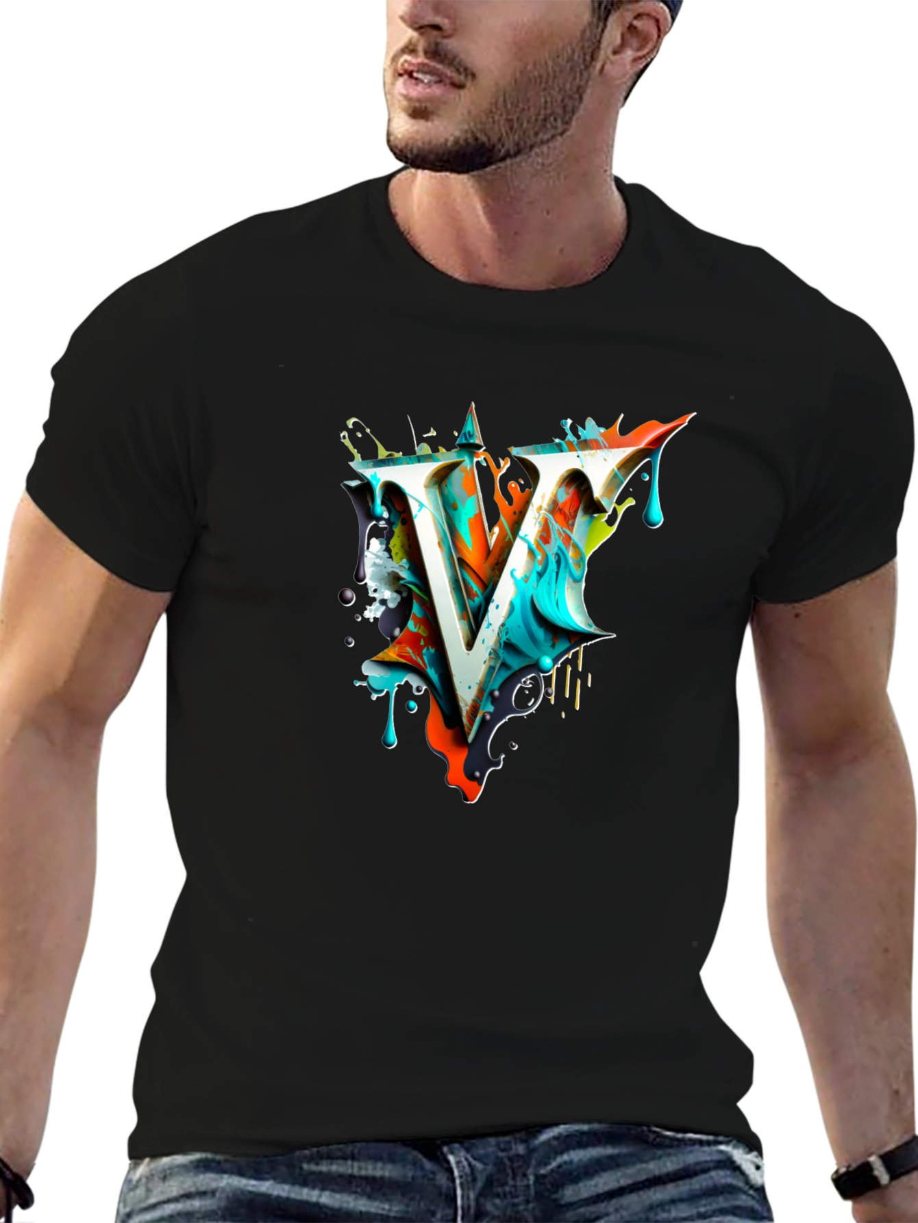 Abstract V Letter Black T-Shirt