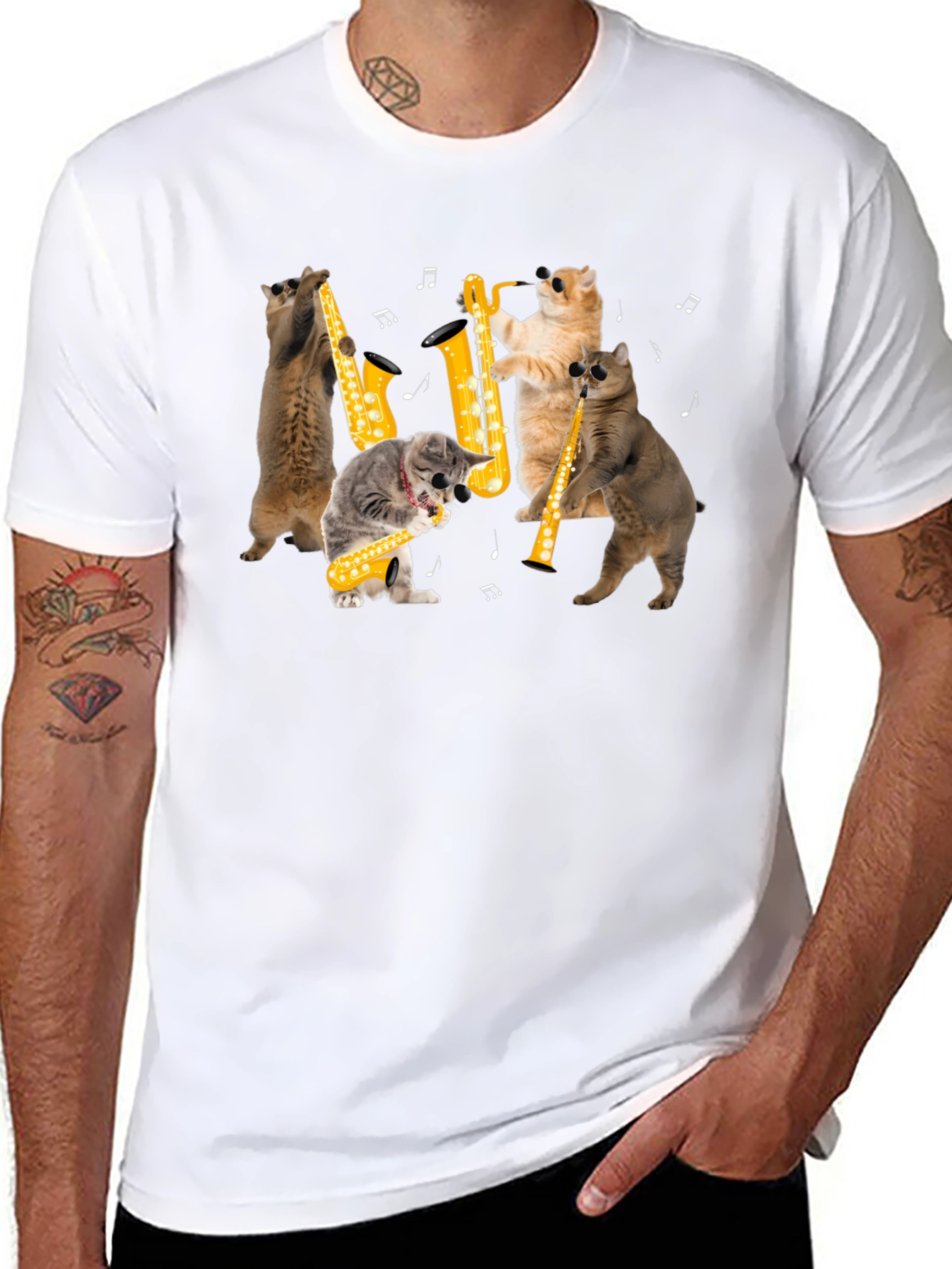Cats Playing Saxophone Black T-Shirt