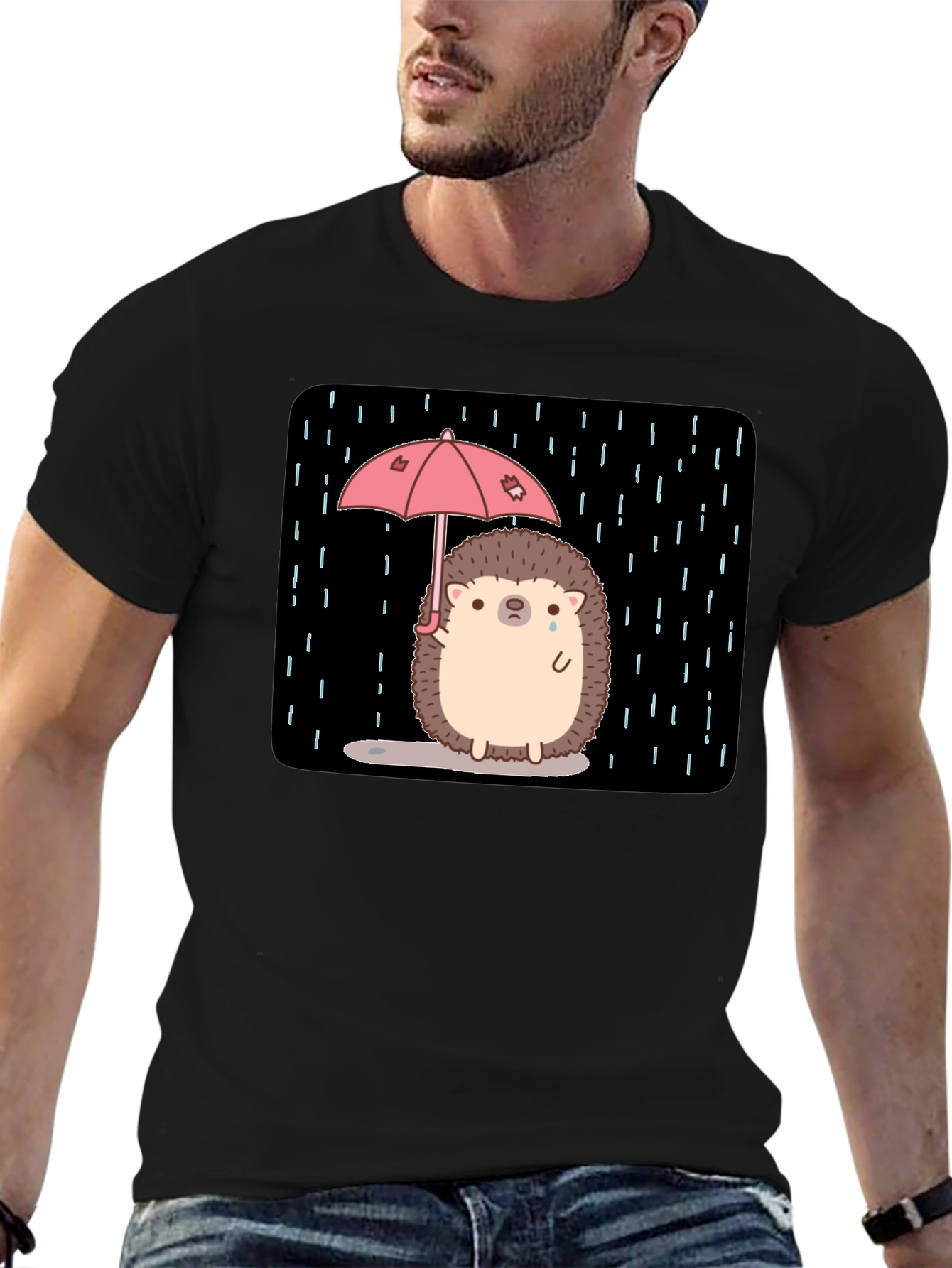 Sad Hedgehog Rain T-Shirt - Black