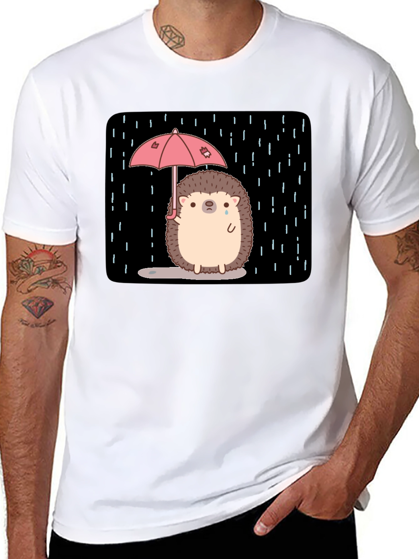 Sad Hedgehog Rain T-Shirt - Black