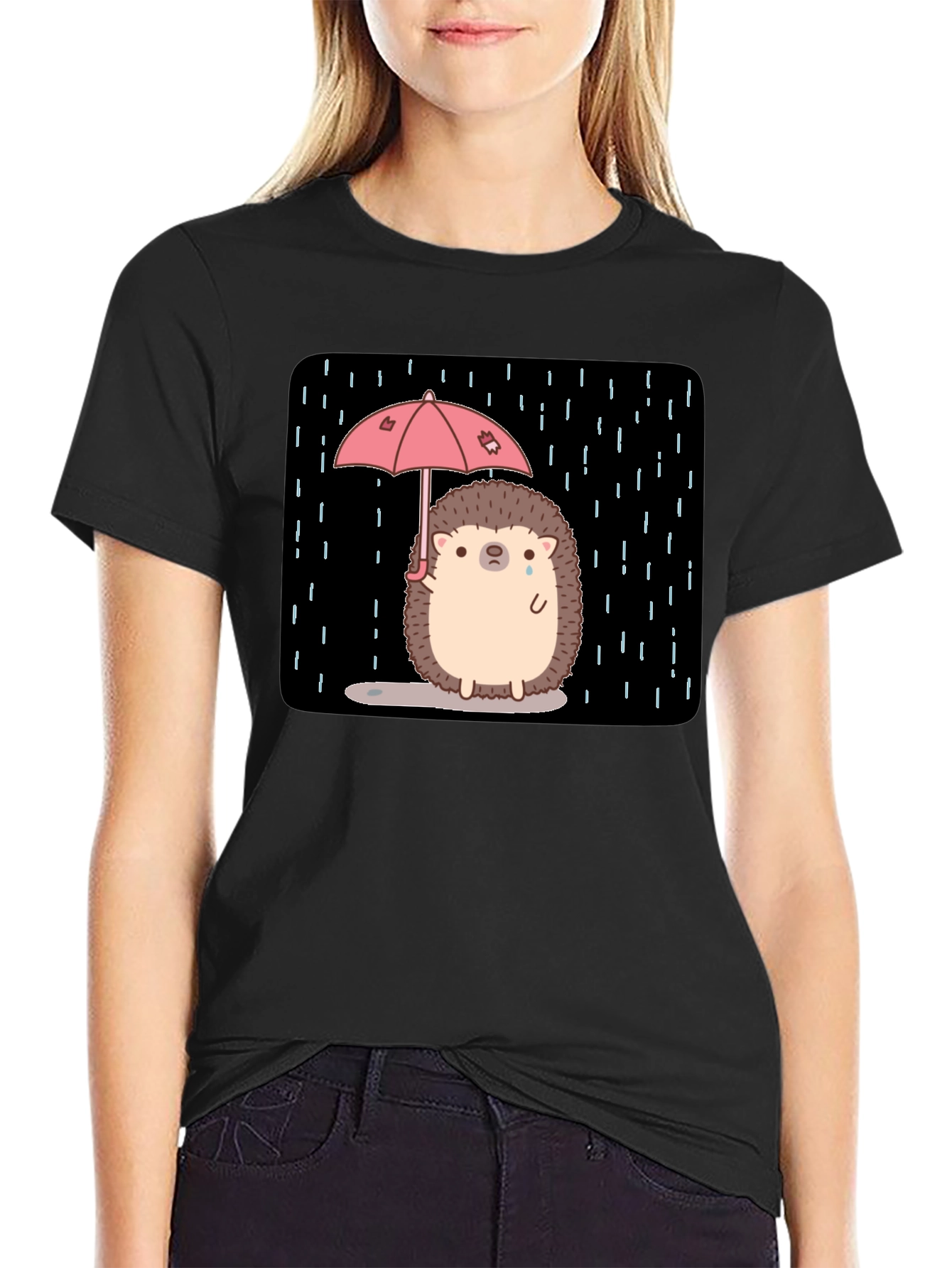 Sad Hedgehog Rain T-Shirt - Black