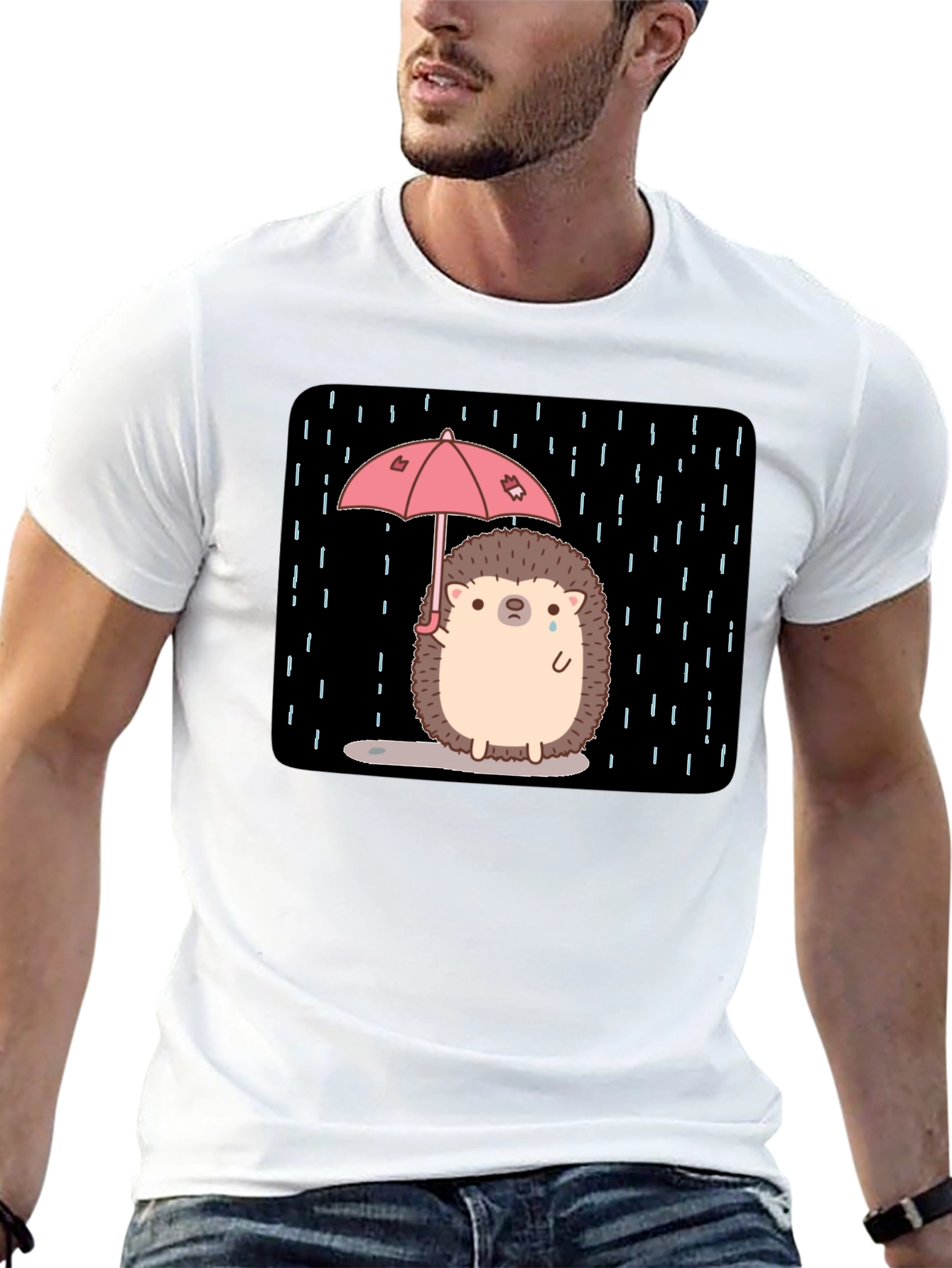 Sad Hedgehog Rain T-Shirt - Black