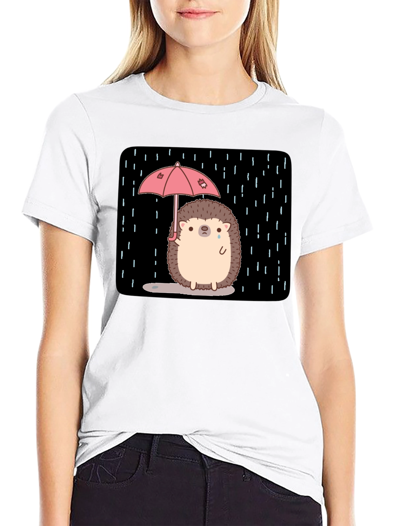 Sad Hedgehog Rain T-Shirt - Black