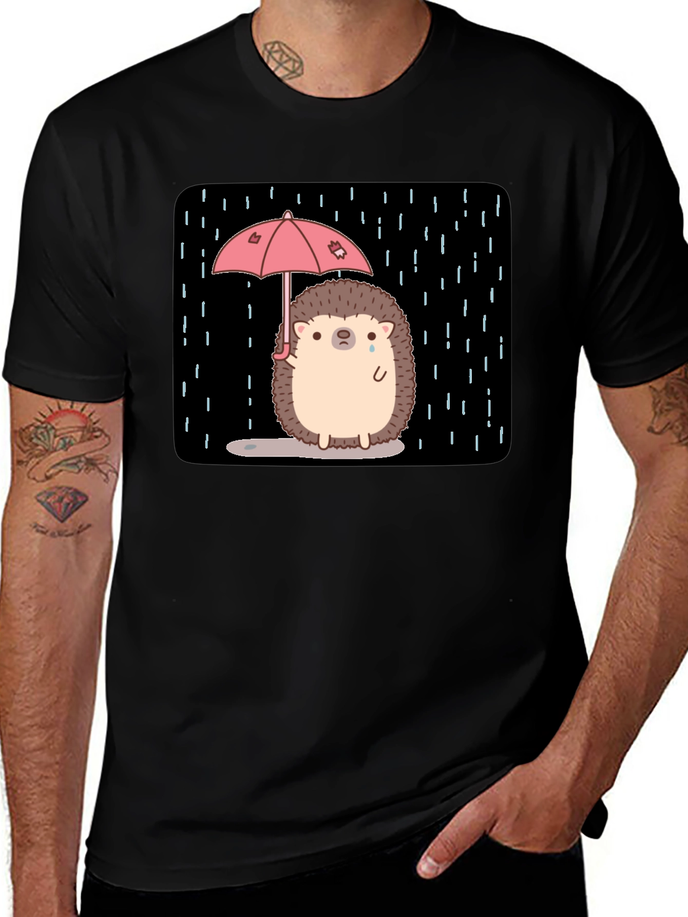 Sad Hedgehog Rain T-Shirt - Black