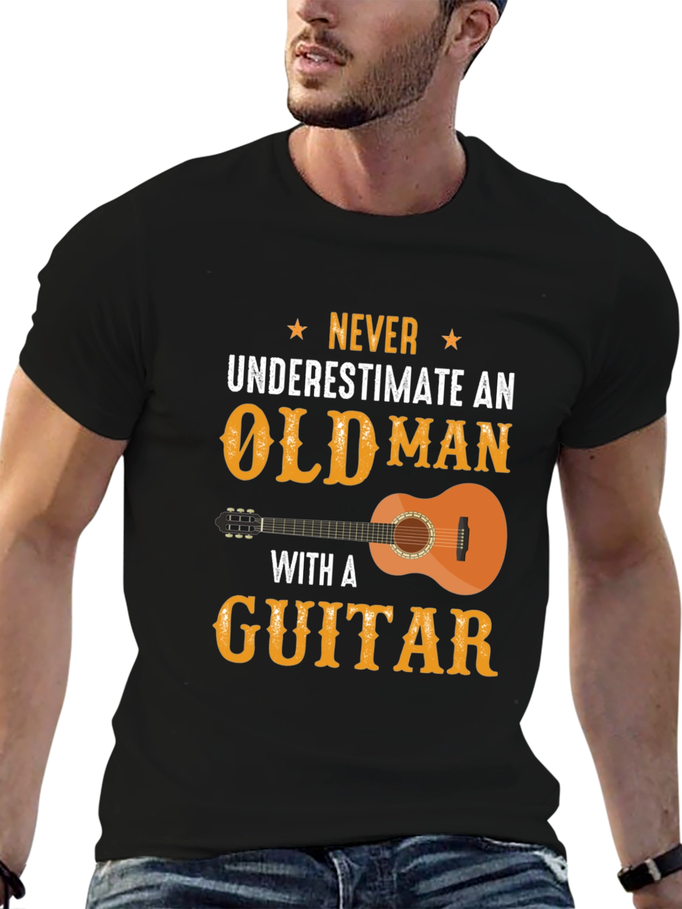 Never Underestimate Old Man with Guitar Graphic Tee