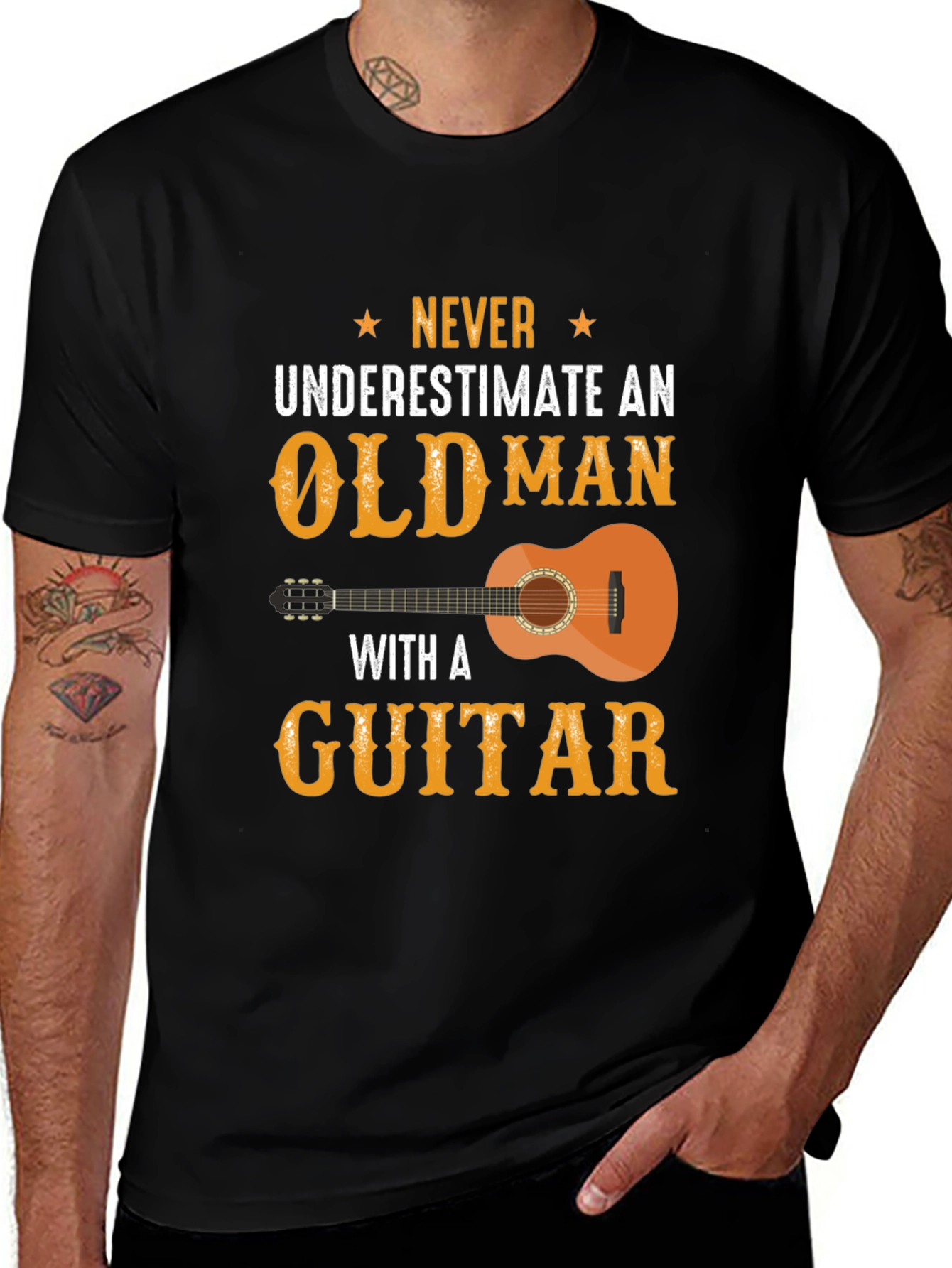 Never Underestimate Old Man with Guitar Graphic Tee
