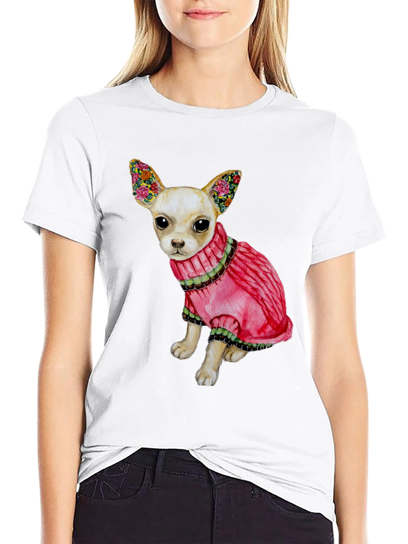 Dog Lovers Tee: Chihuahua in Pink Sweater
