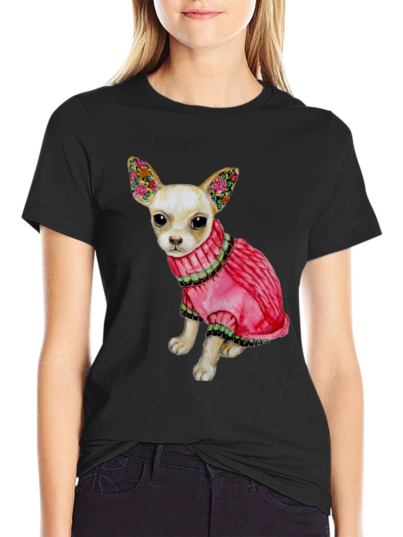 Dog Lovers Tee: Chihuahua in Pink Sweater