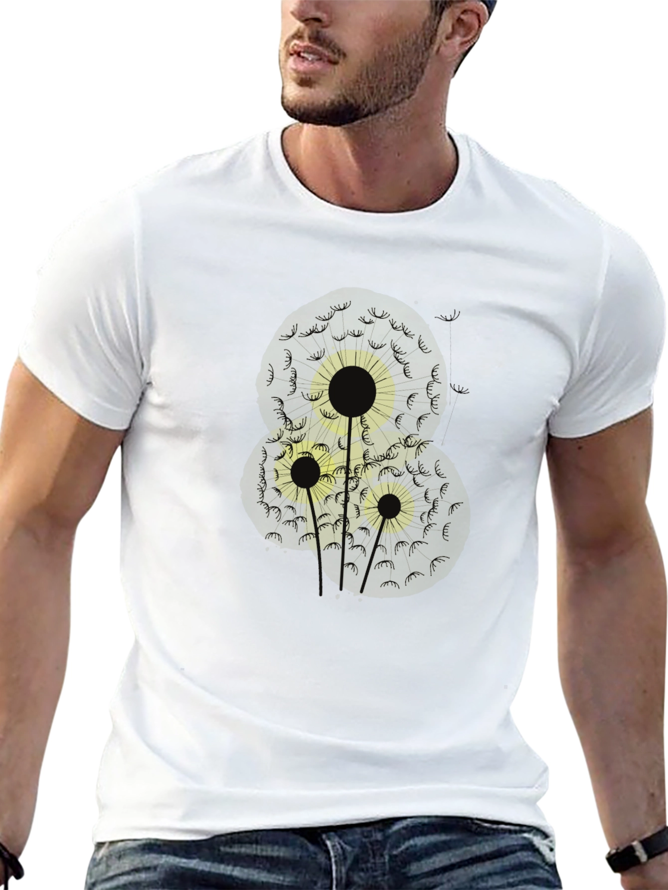 Dandelion Print Black Cotton T-Shirt