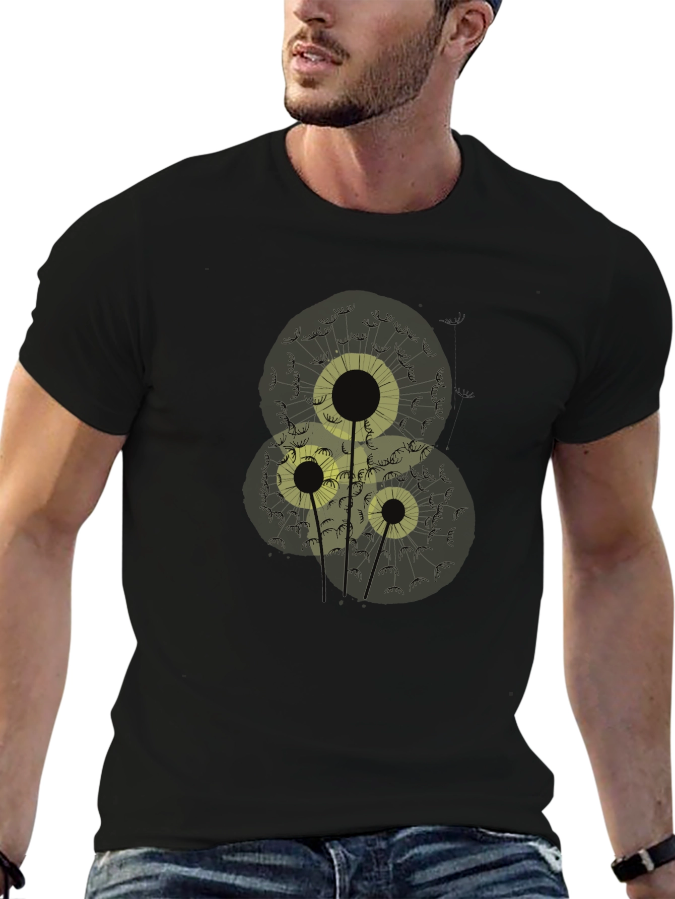 Dandelion Print Black Cotton T-Shirt