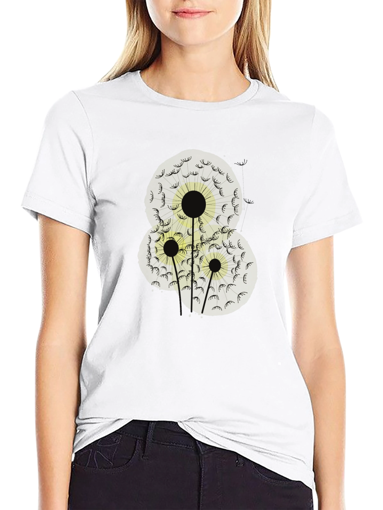 Dandelion Print Black Cotton T-Shirt