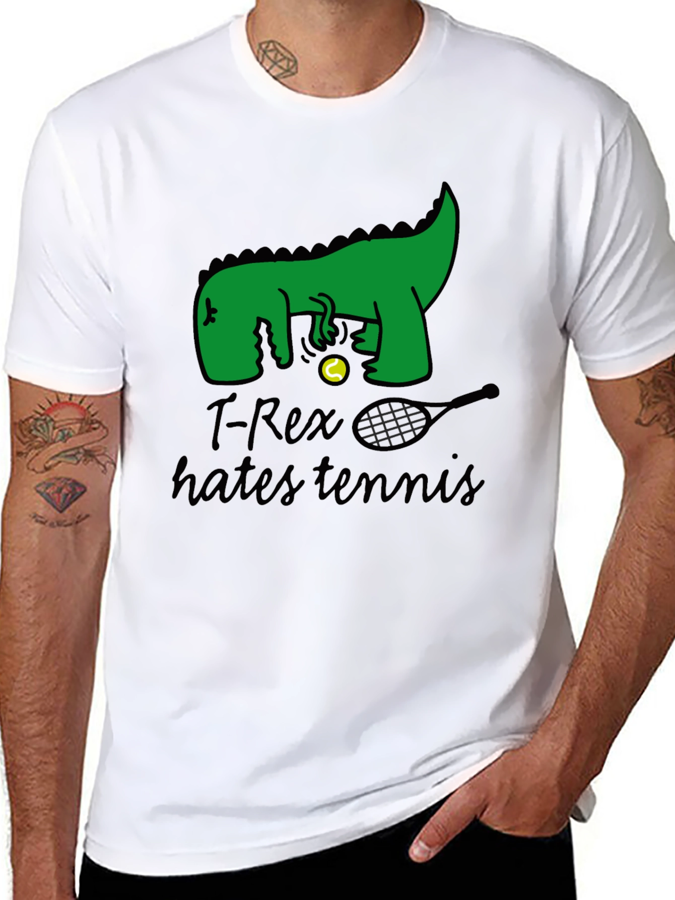 T-Rex Hates Tennis Graphic Tee - Funny Dinosaur T-Shirt