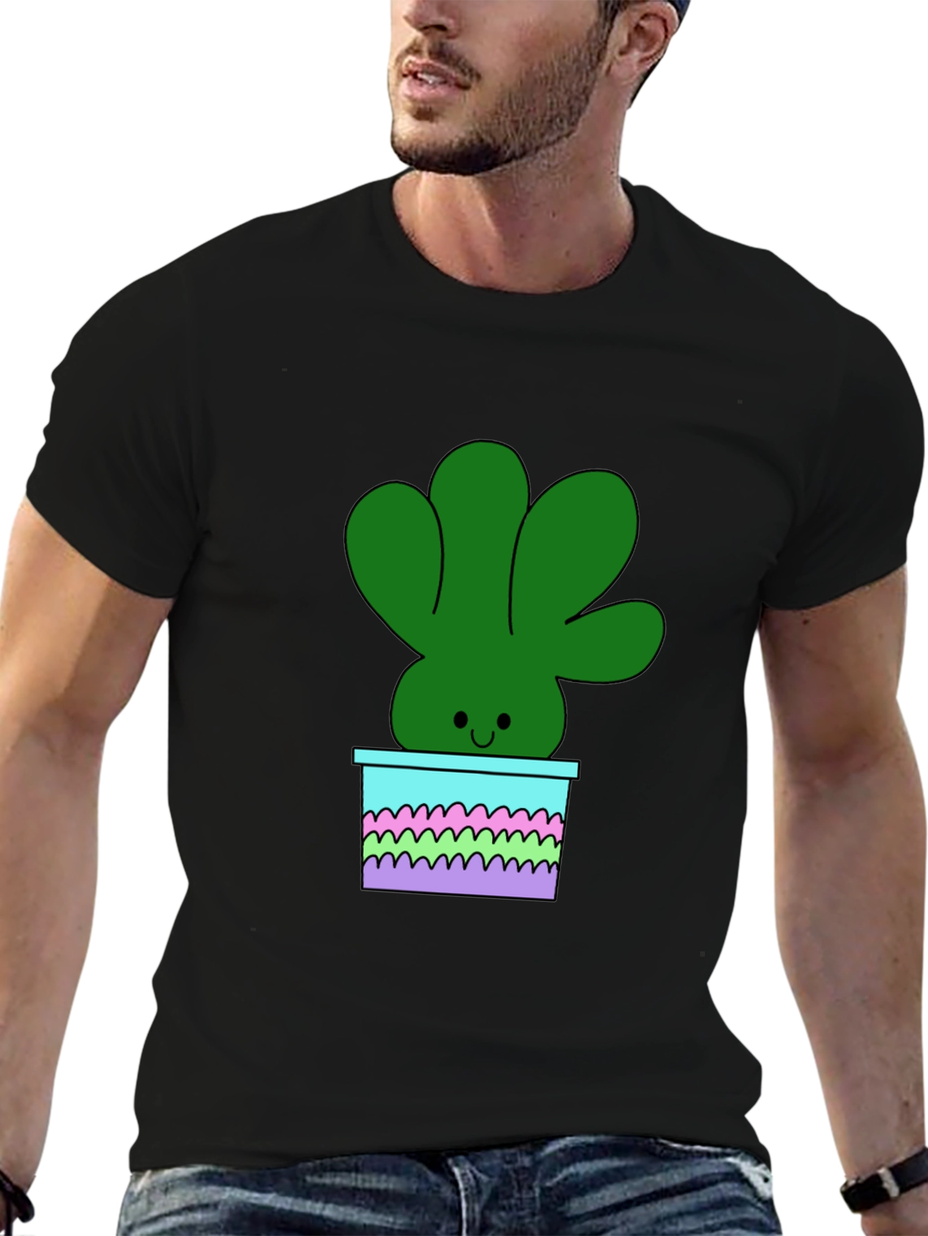 Cute Cartoon Potted Plant Graphic Tee - Black