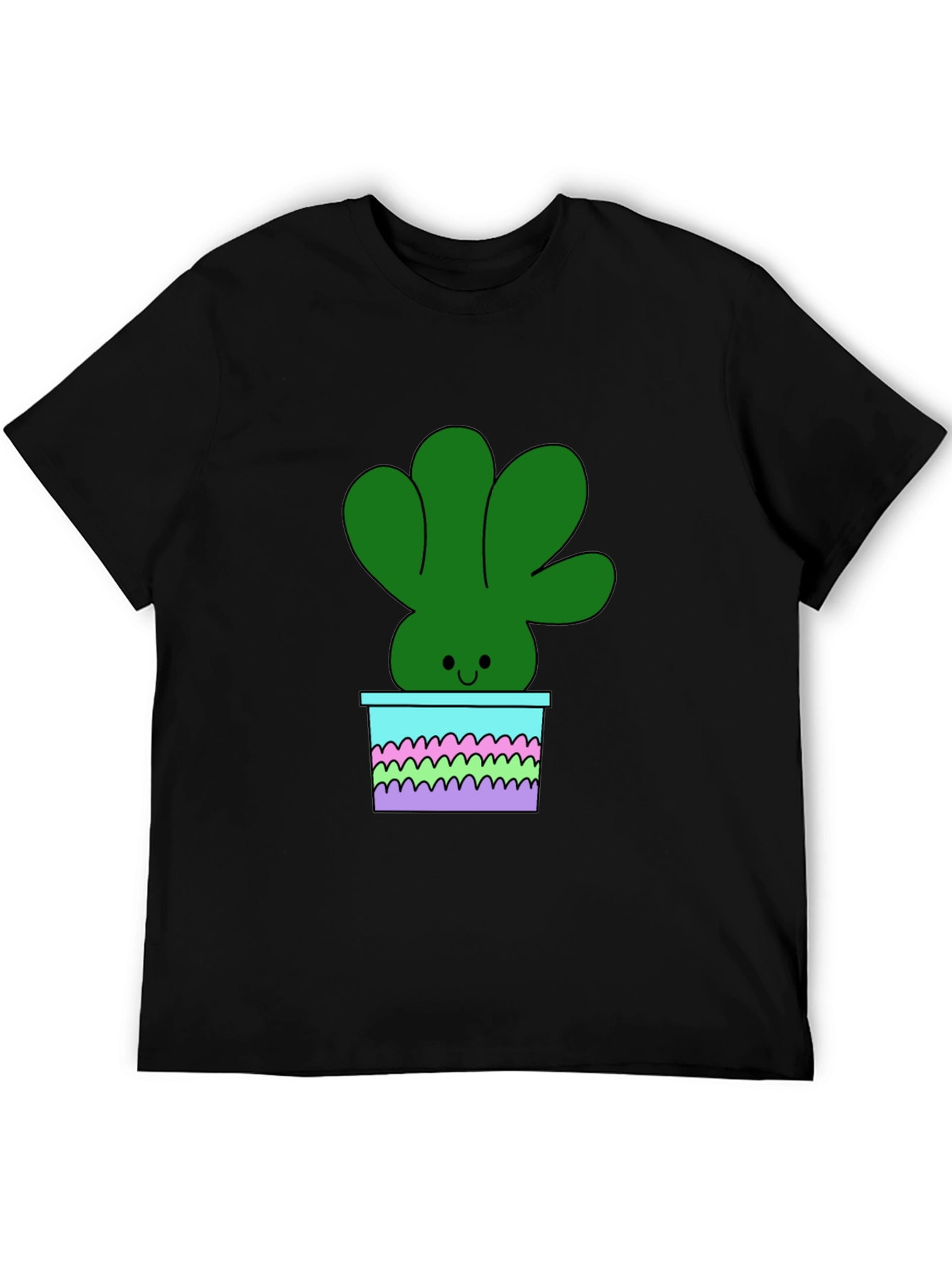 Cute Cartoon Potted Plant Graphic Tee - Black