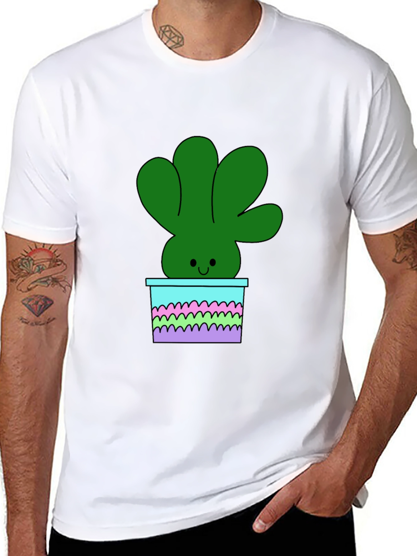 Cute Cartoon Potted Plant Graphic Tee - Black