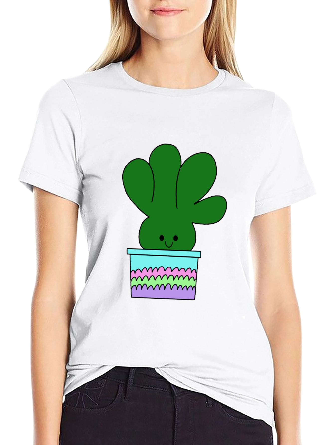 Cute Cartoon Potted Plant Graphic Tee - Black
