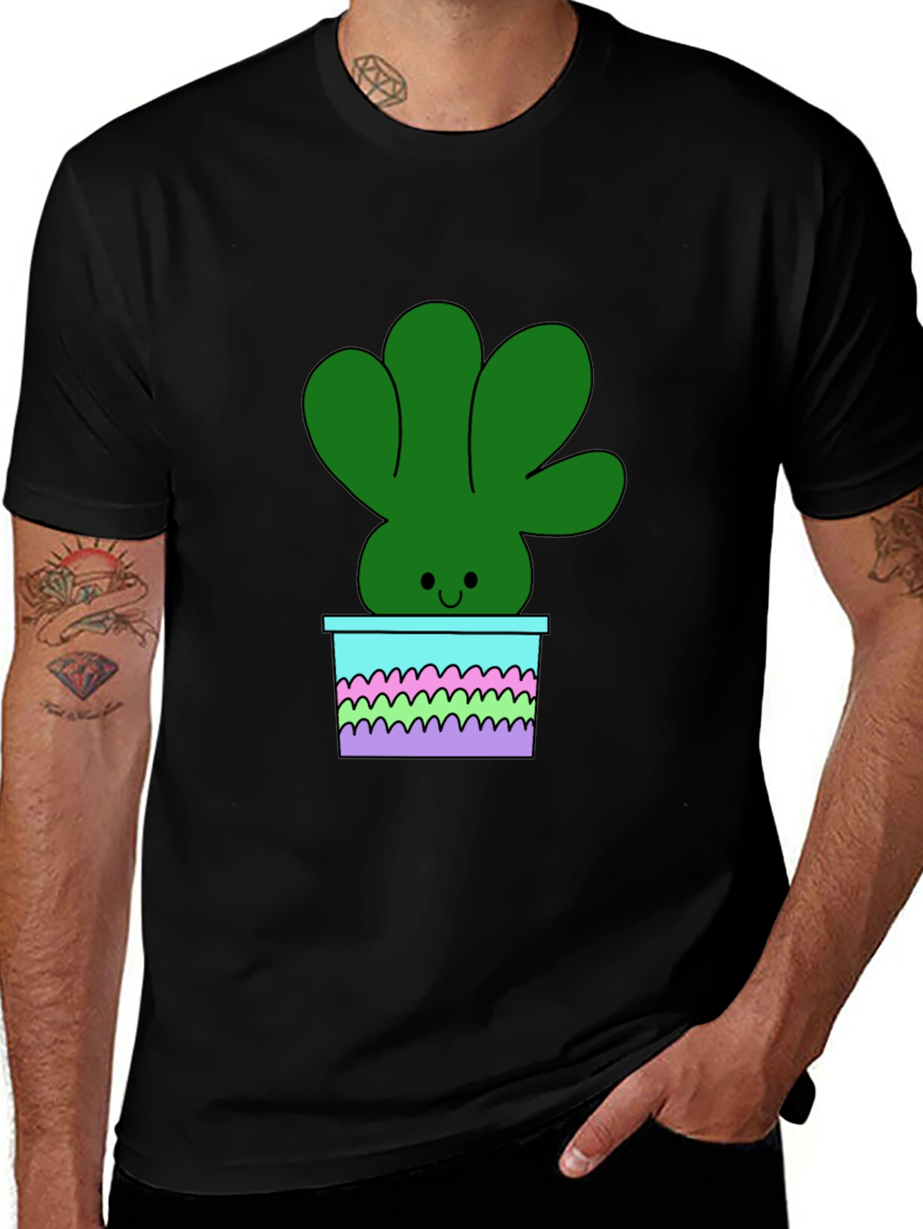Cute Cartoon Potted Plant Graphic Tee - Black