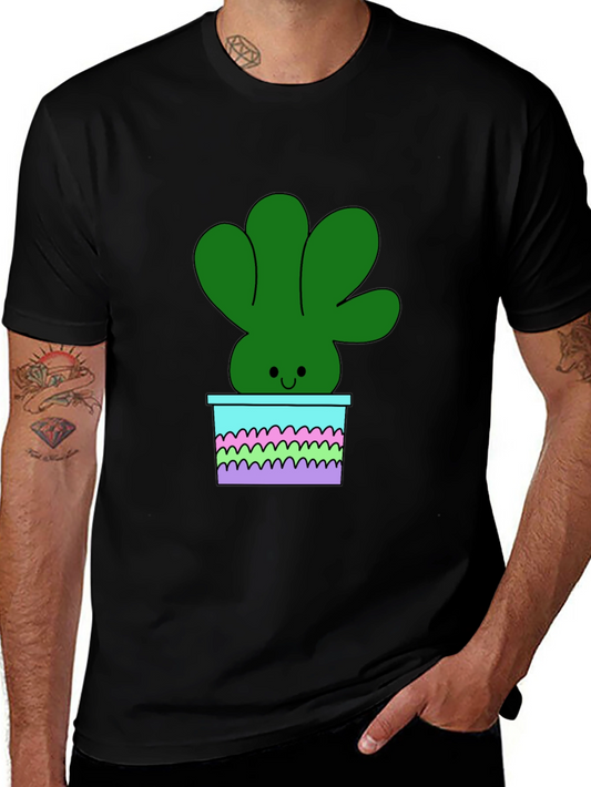 Cute Cartoon Potted Plant Graphic Tee - Black