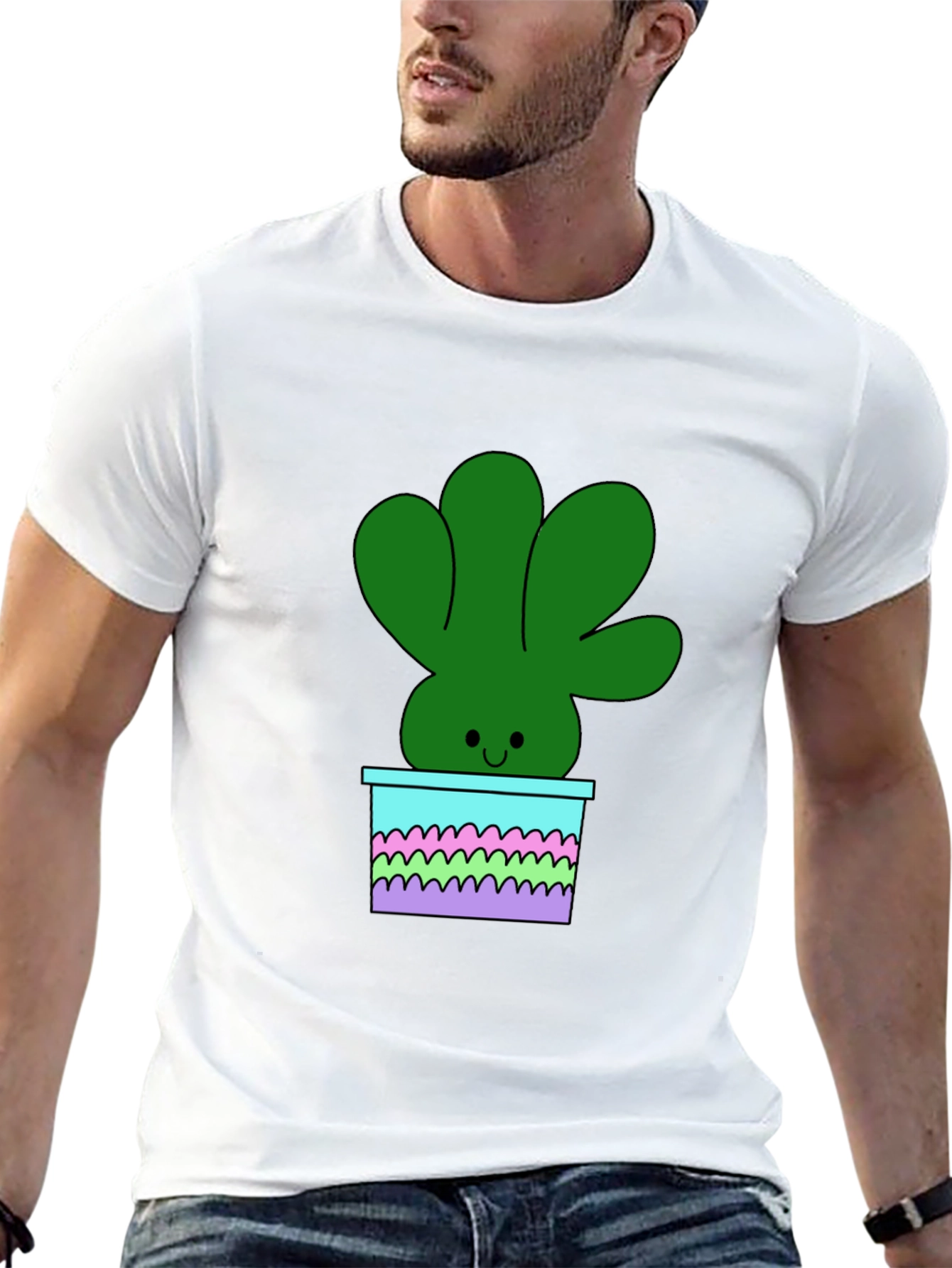 Cute Cartoon Potted Plant Graphic Tee - Black