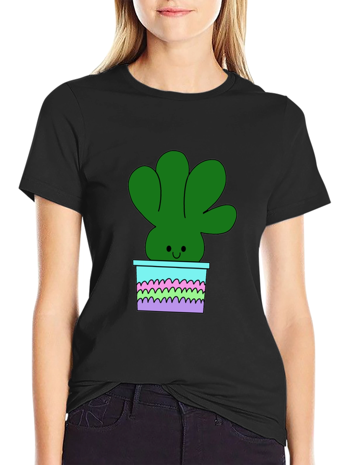 Cute Cartoon Potted Plant Graphic Tee - Black