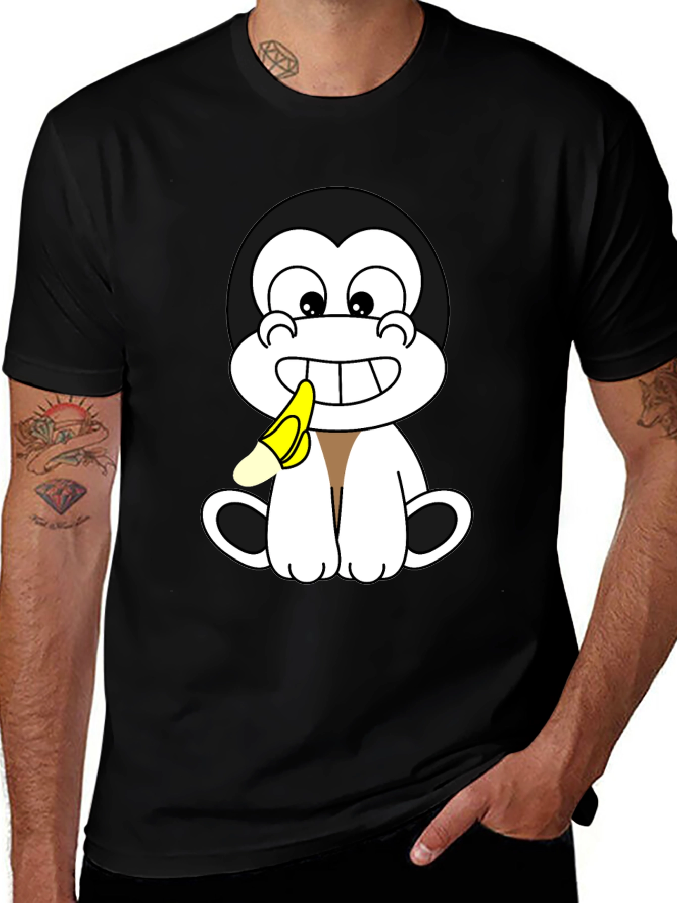 Cartoon Monkey Eating Banana Graphic T-Shirt