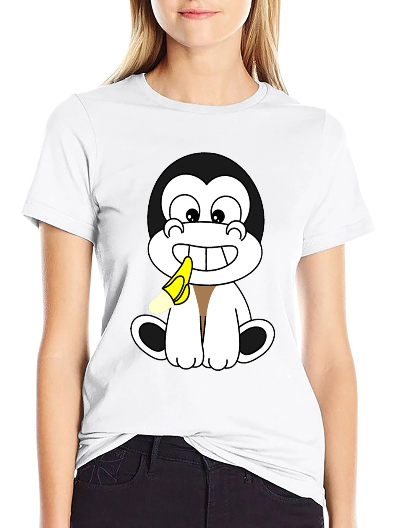 Cartoon Monkey Eating Banana Graphic T-Shirt