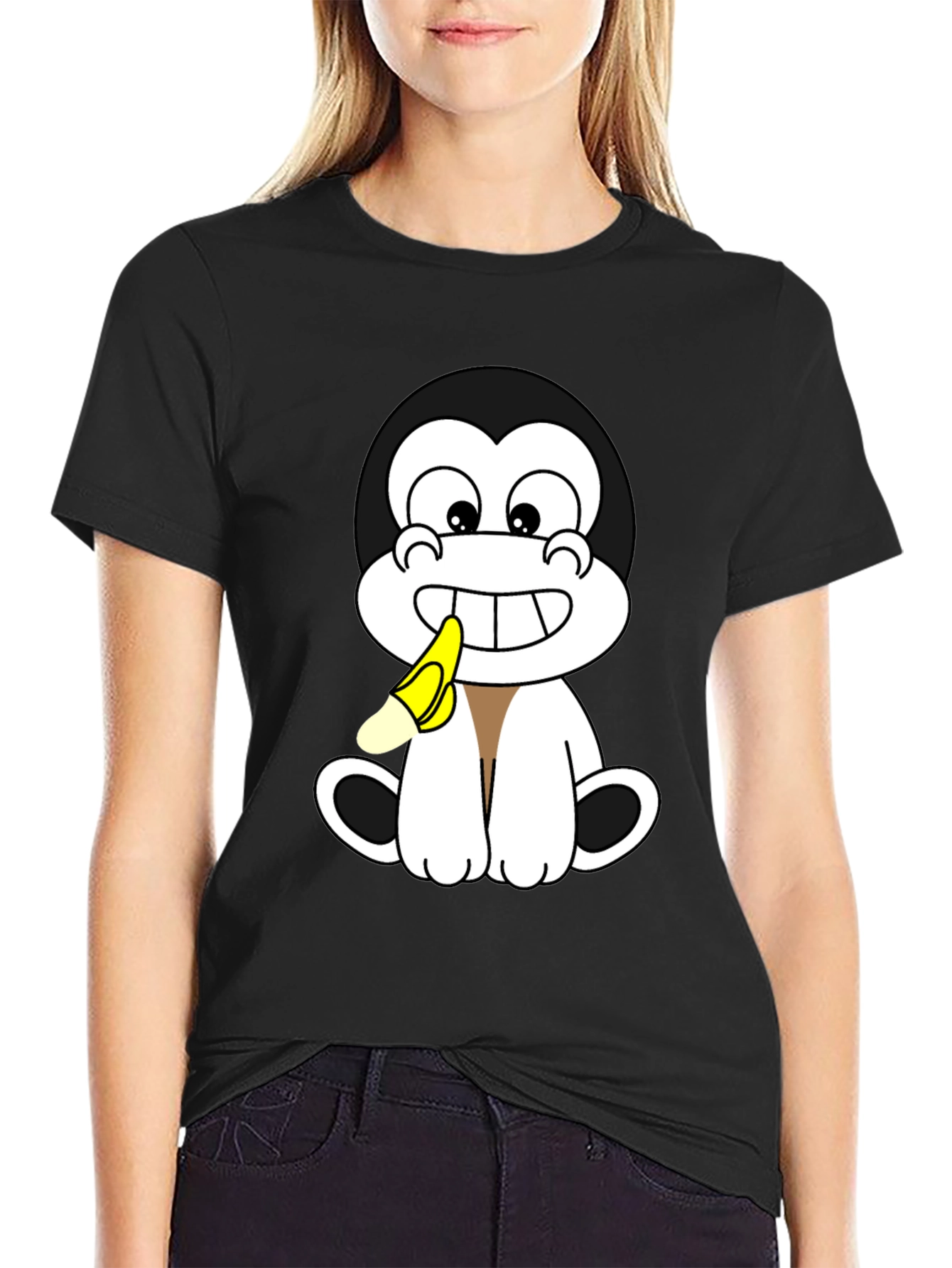 Cartoon Monkey Eating Banana Graphic T-Shirt