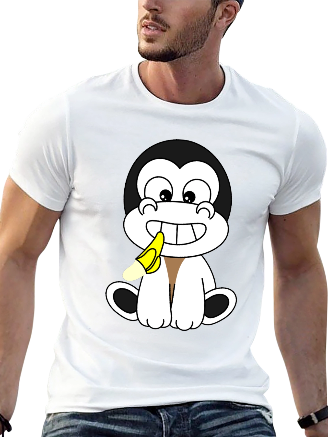 Cartoon Monkey Eating Banana Graphic T-Shirt